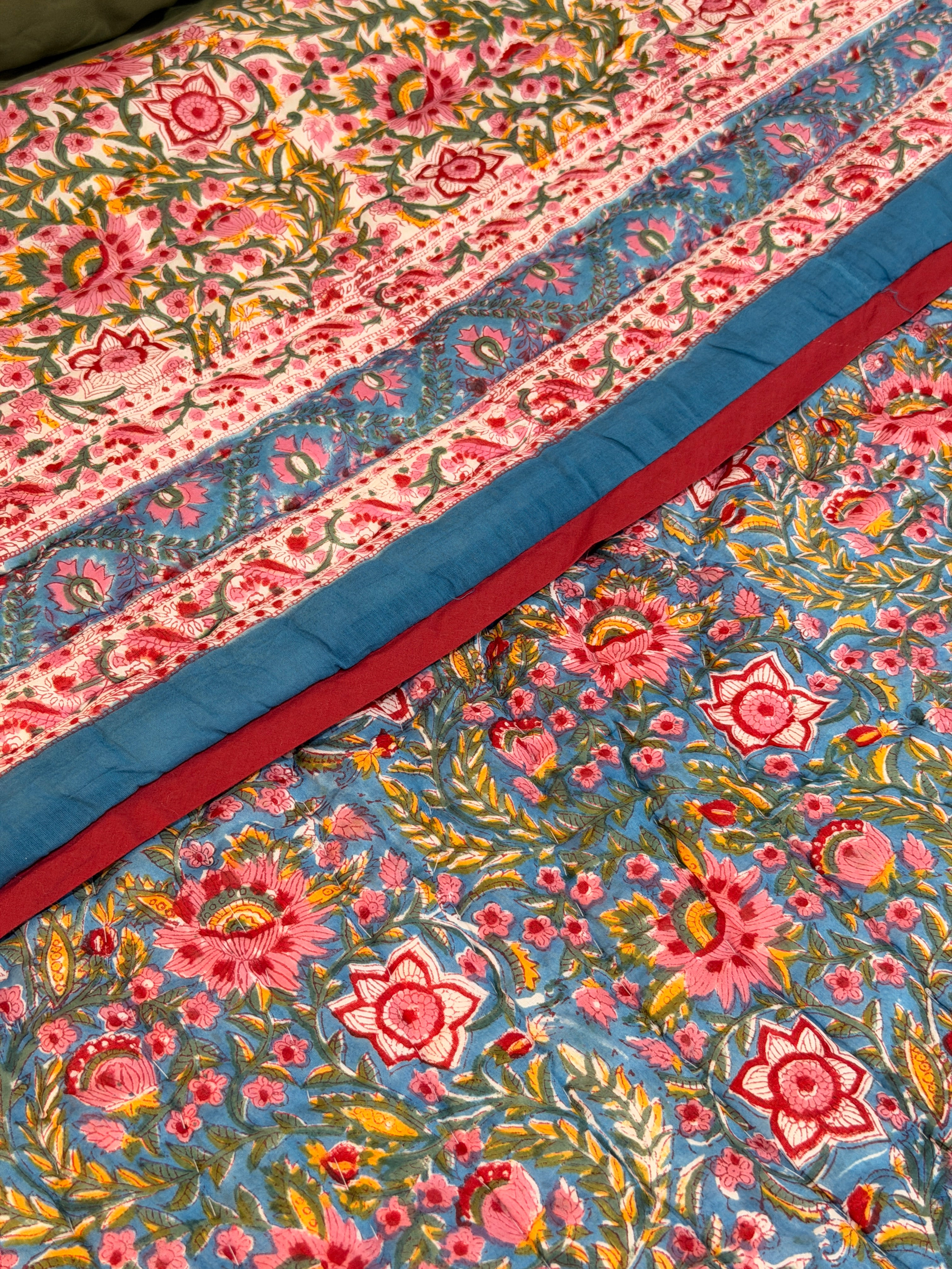 Blue and Pink Courtyard Reversible - Queen Quilt