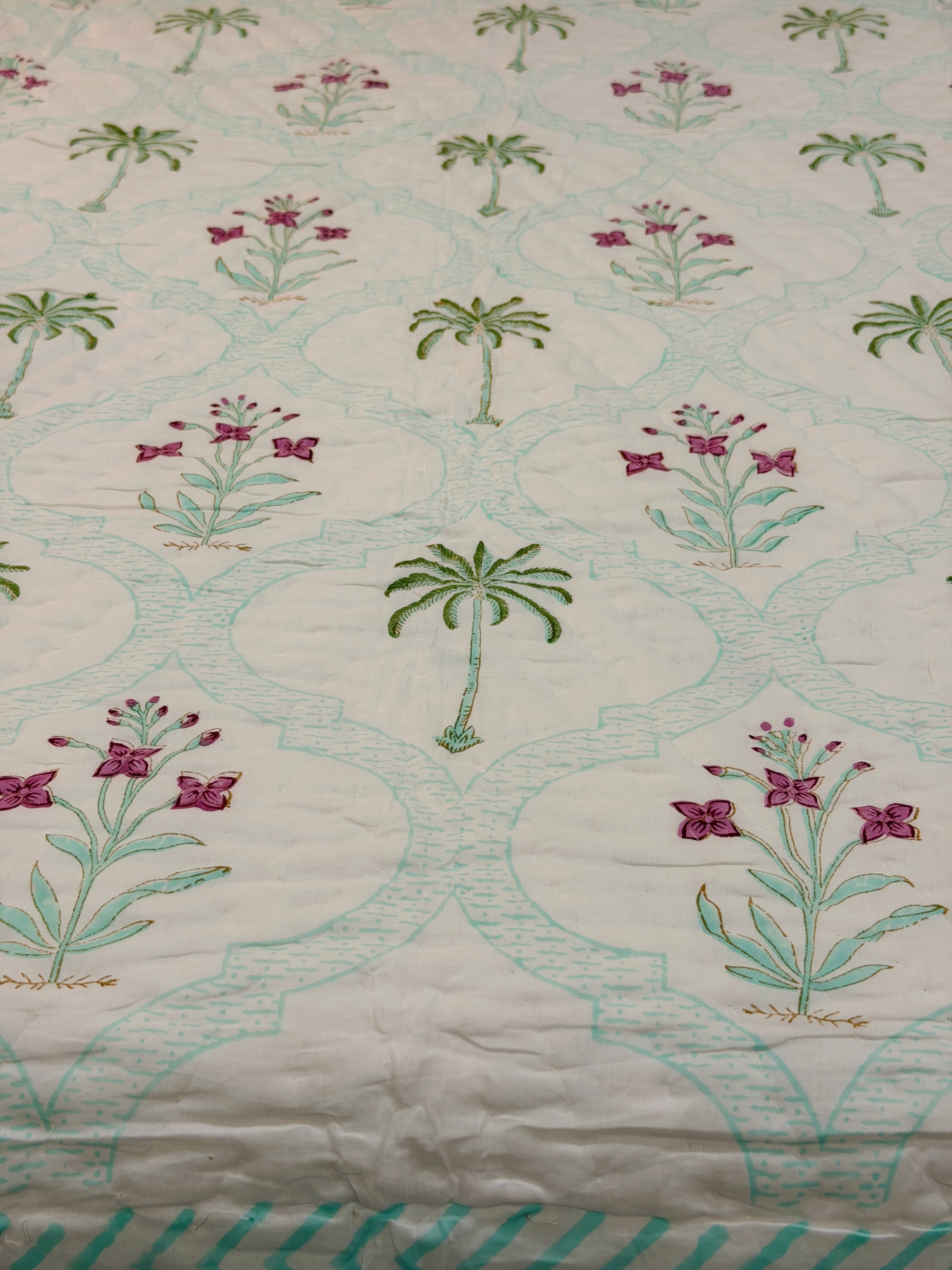 Twin Size Palm Print Cotton Quilt | Reversible Lightweight Beach House Blanket | 100% Cotton