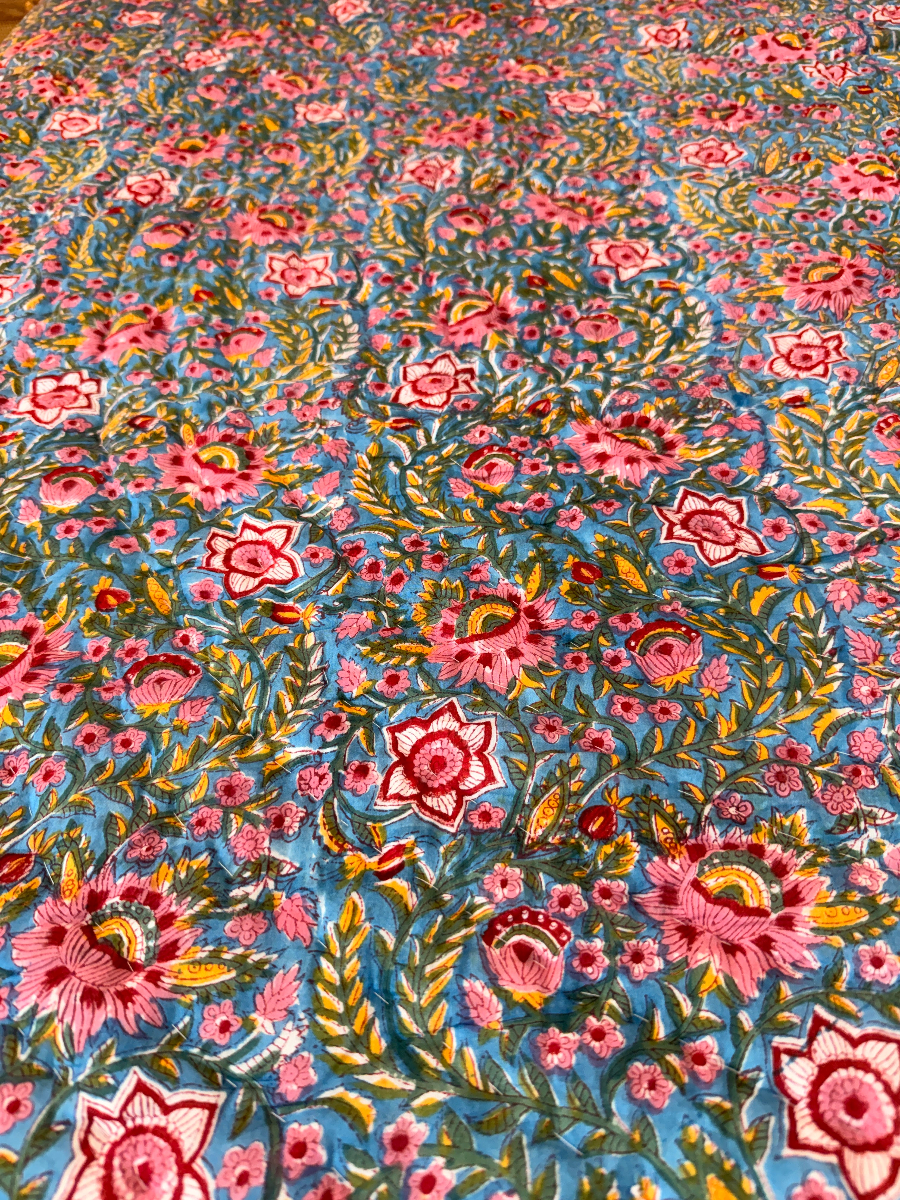 Blue and Pink Courtyard Reversible - Queen Quilt