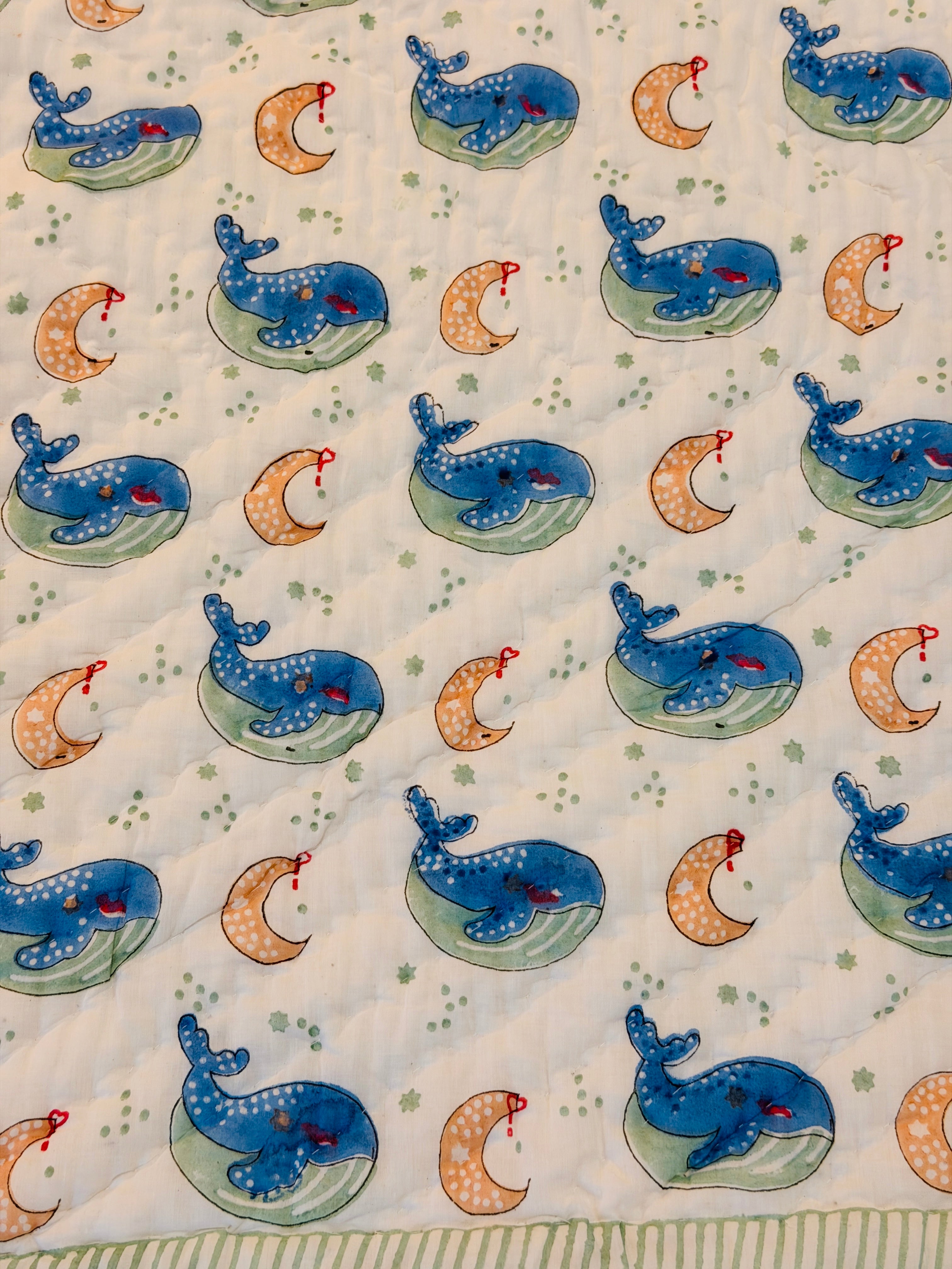 Whale & Moon Hand Block Printed Toddler Quilt