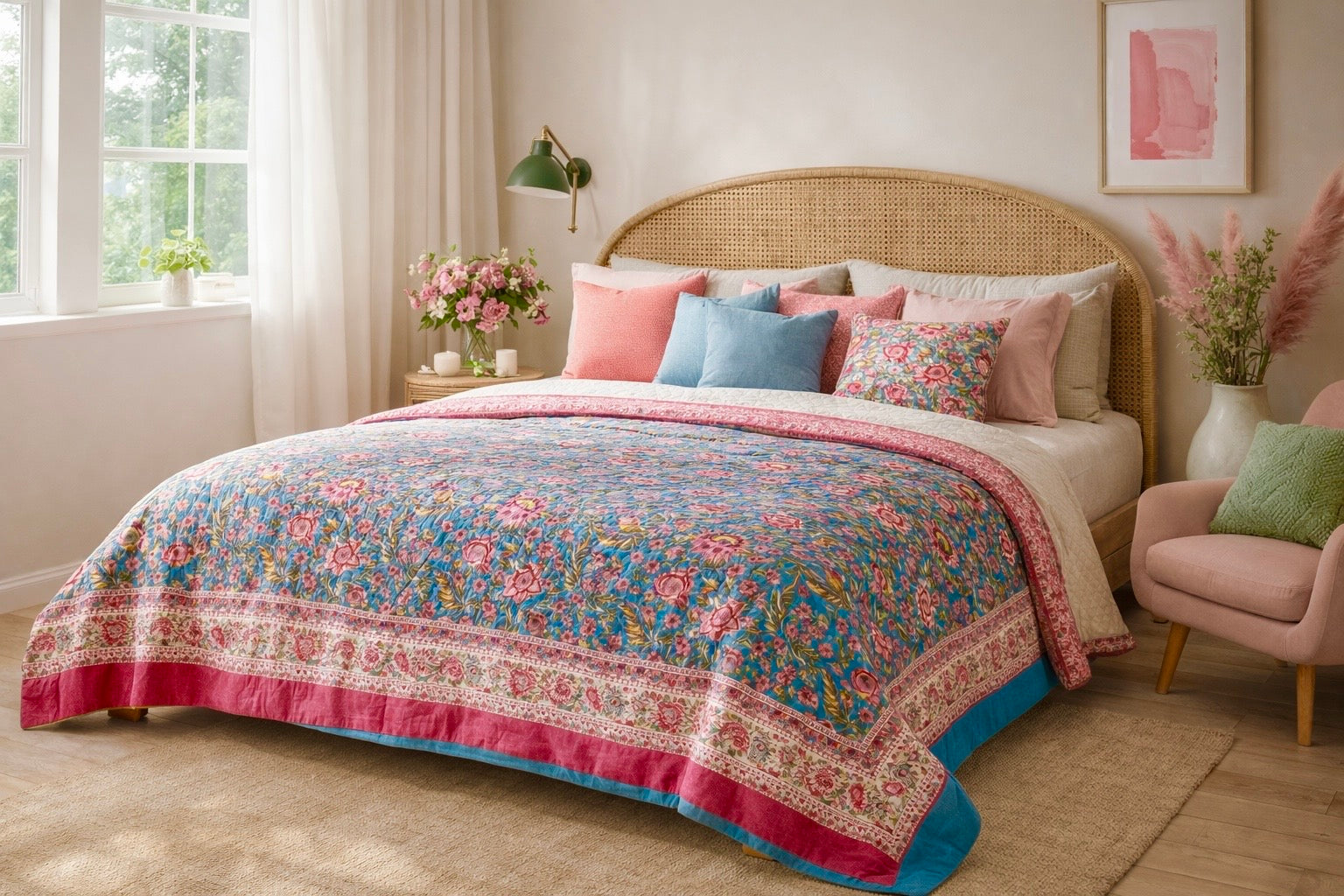 Blue and Pink Courtyard Reversible - Queen Quilt