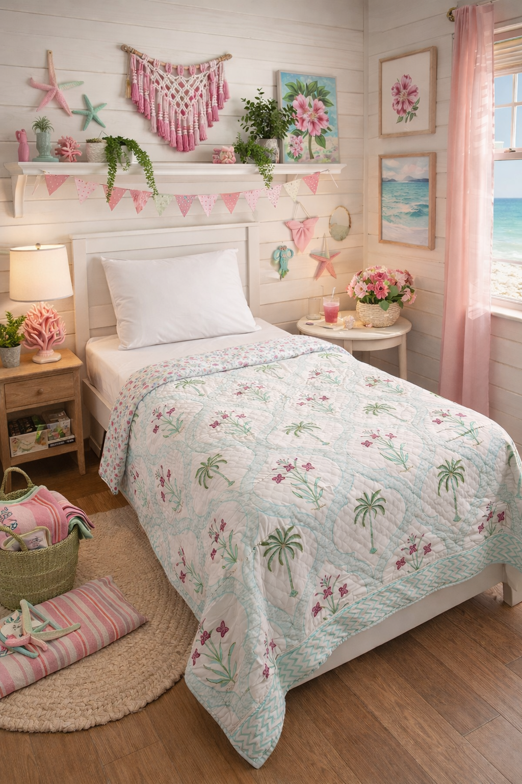 Twin Size Palm Print Cotton Quilt | Reversible Lightweight Beach House Blanket | 100% Cotton