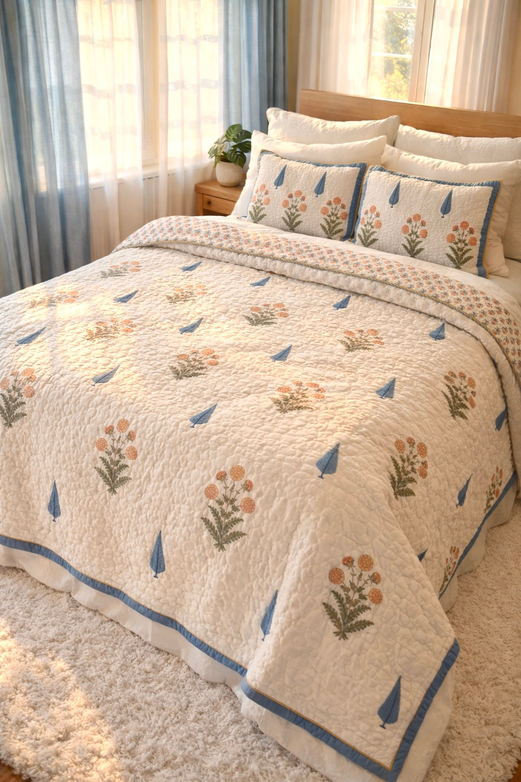 Blue Petal Garden - Quilted Bedspread with Shams