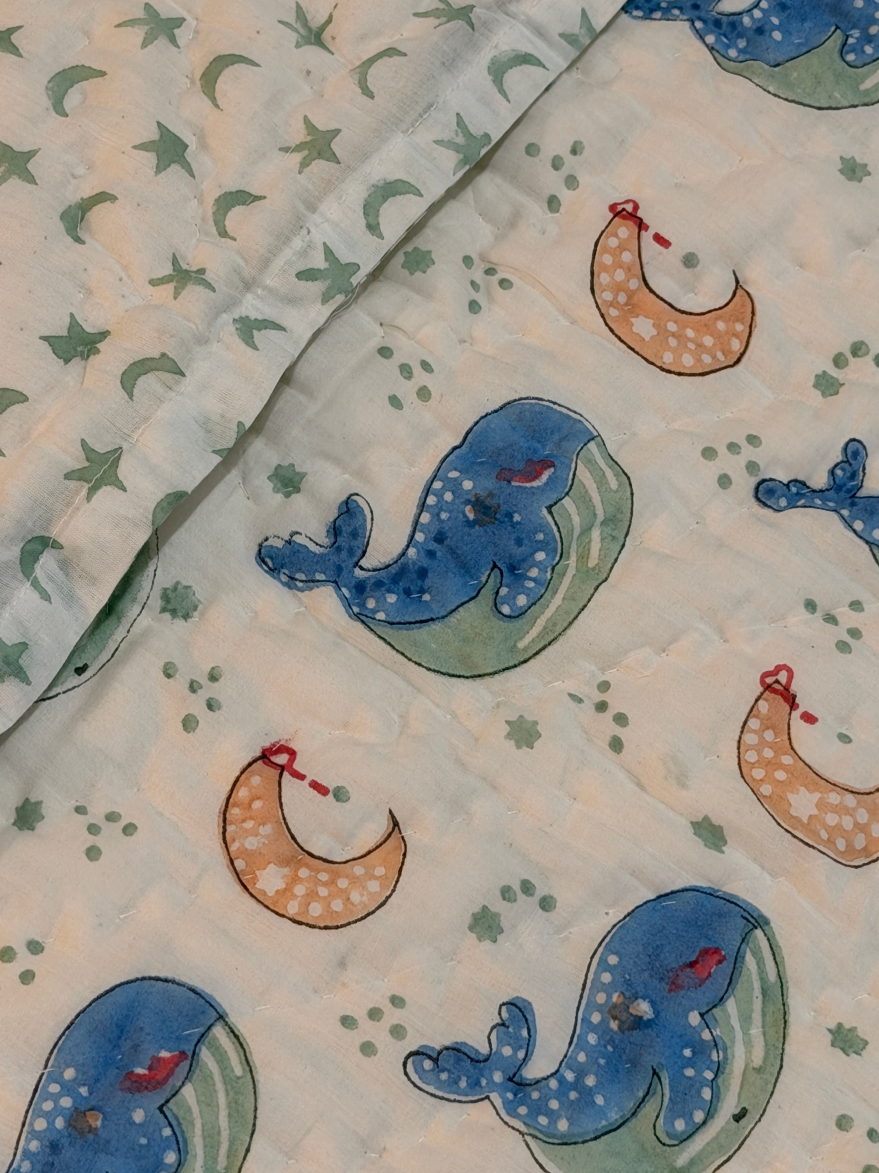 Whale & Moon Hand Block Printed Toddler Quilt