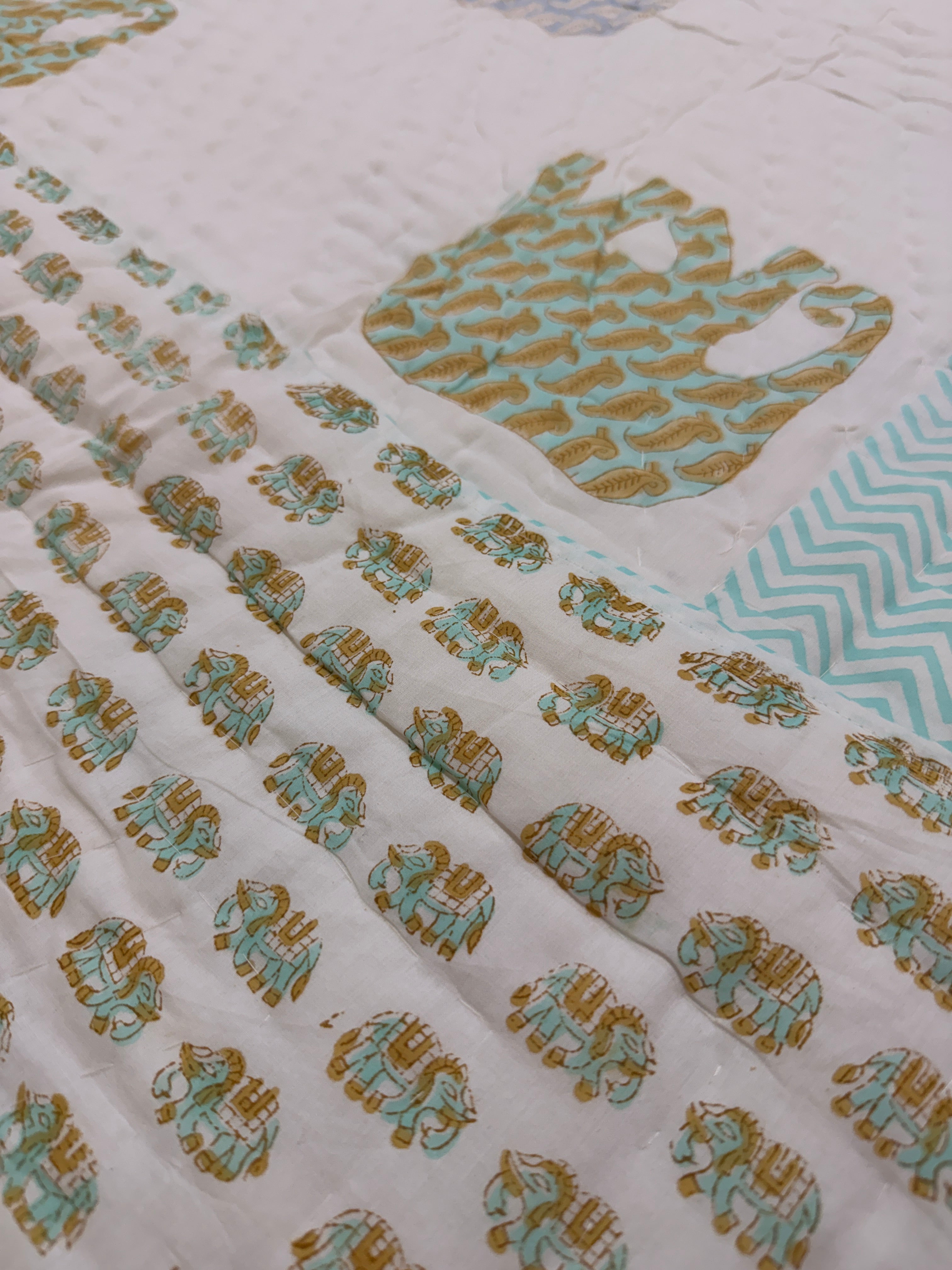 Twin Size Elephant Block Print Cotton Blanket | Reversible Jaipur Razai | Lightweight Sustainable Bedding | Made in India