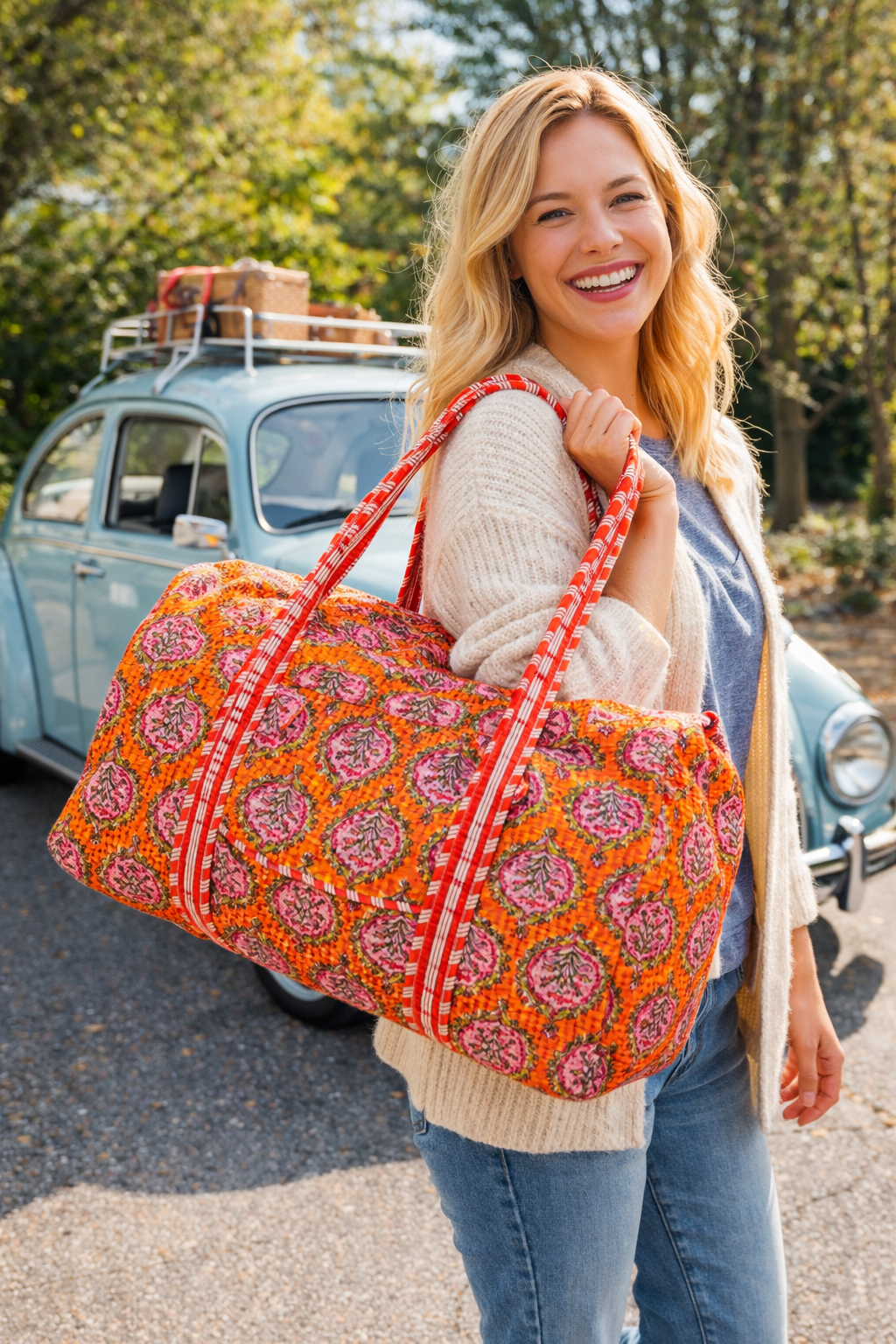 Hand Block Printed Orange Handmade Weekender Duffle Bag