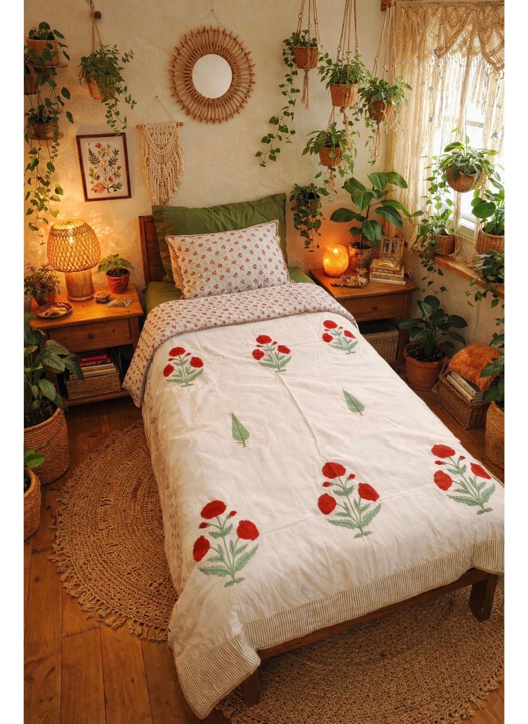 Poppy Print Hand Block Printed Summer Blanket - Dohar