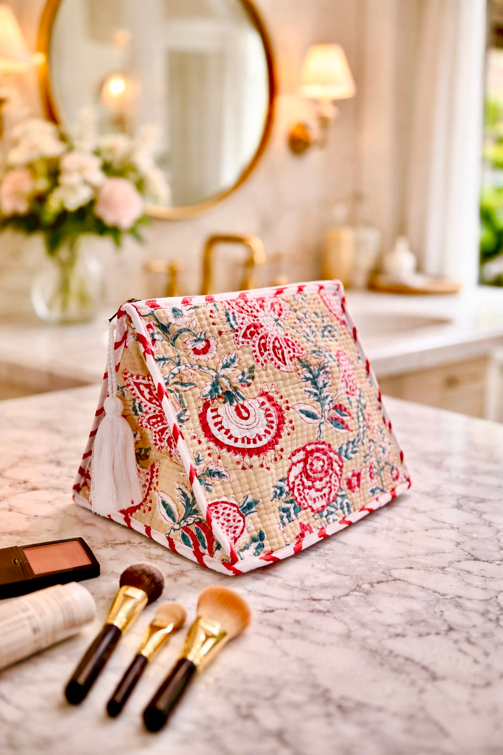 Beige Garden Triangle Foldable Vanity Pouch