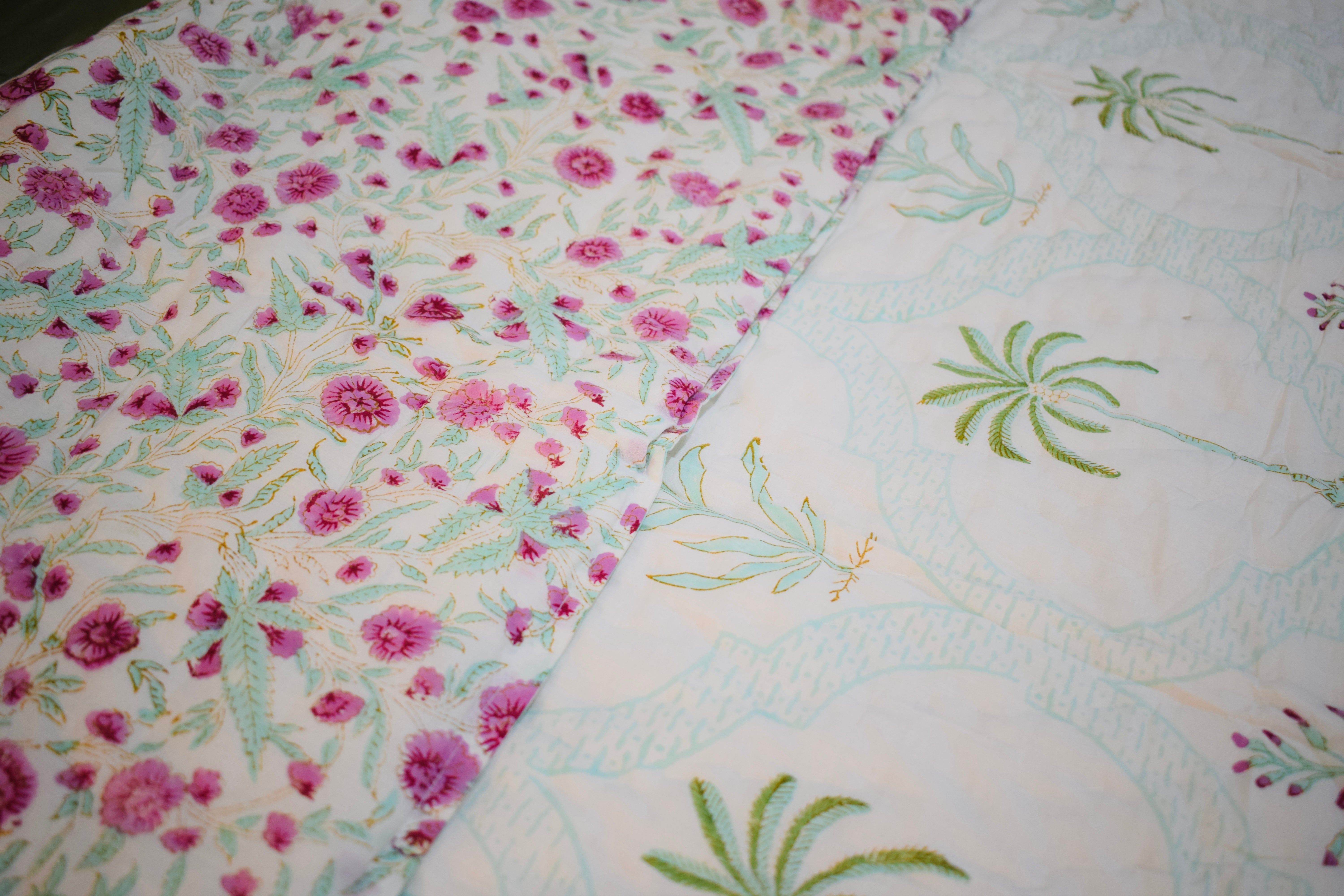 Twin Size Palm Print Cotton Quilt | Reversible Lightweight Beach House Blanket | 100% Cotton