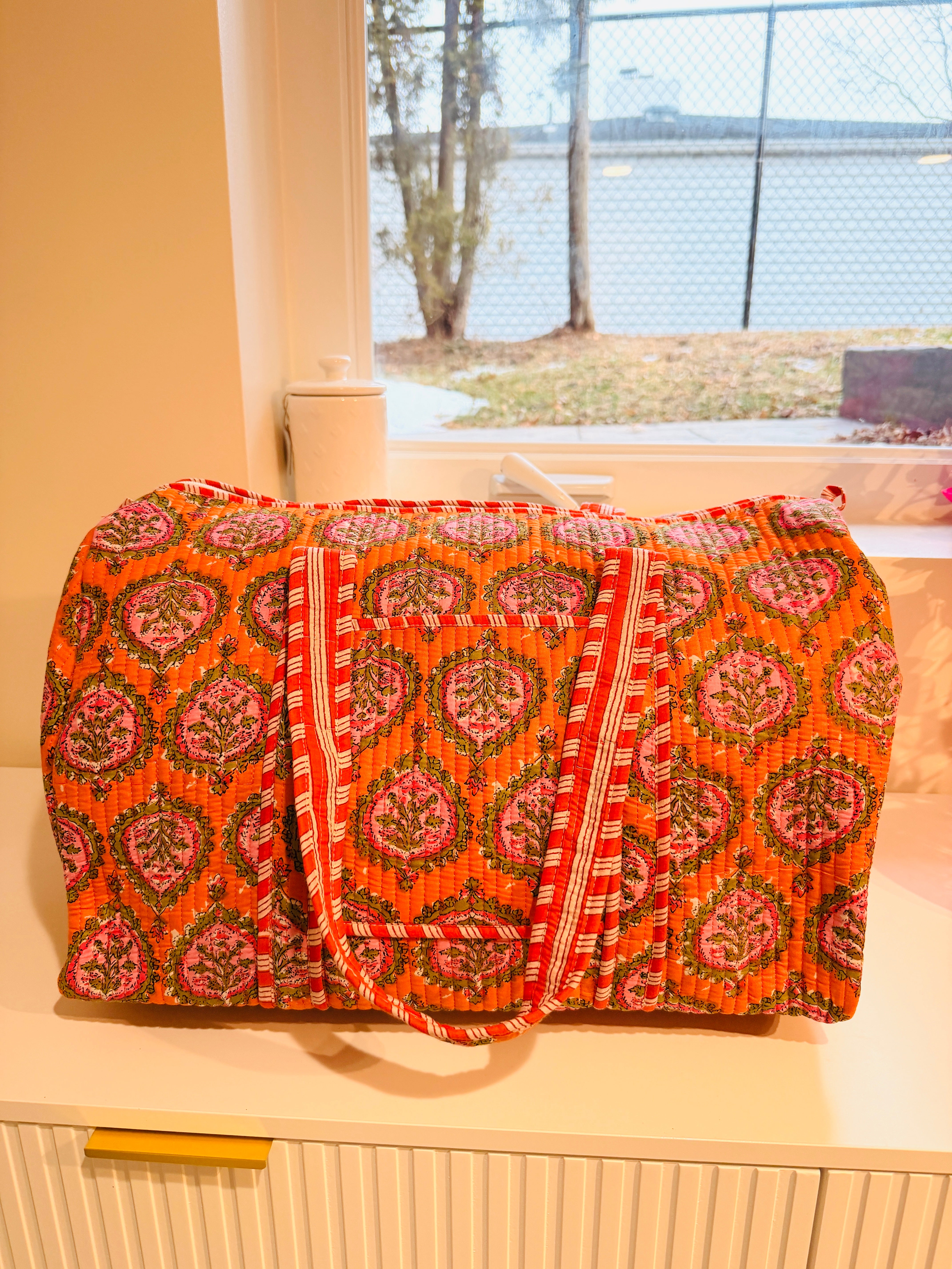 Hand Block Printed Orange Handmade Weekender Duffle Bag