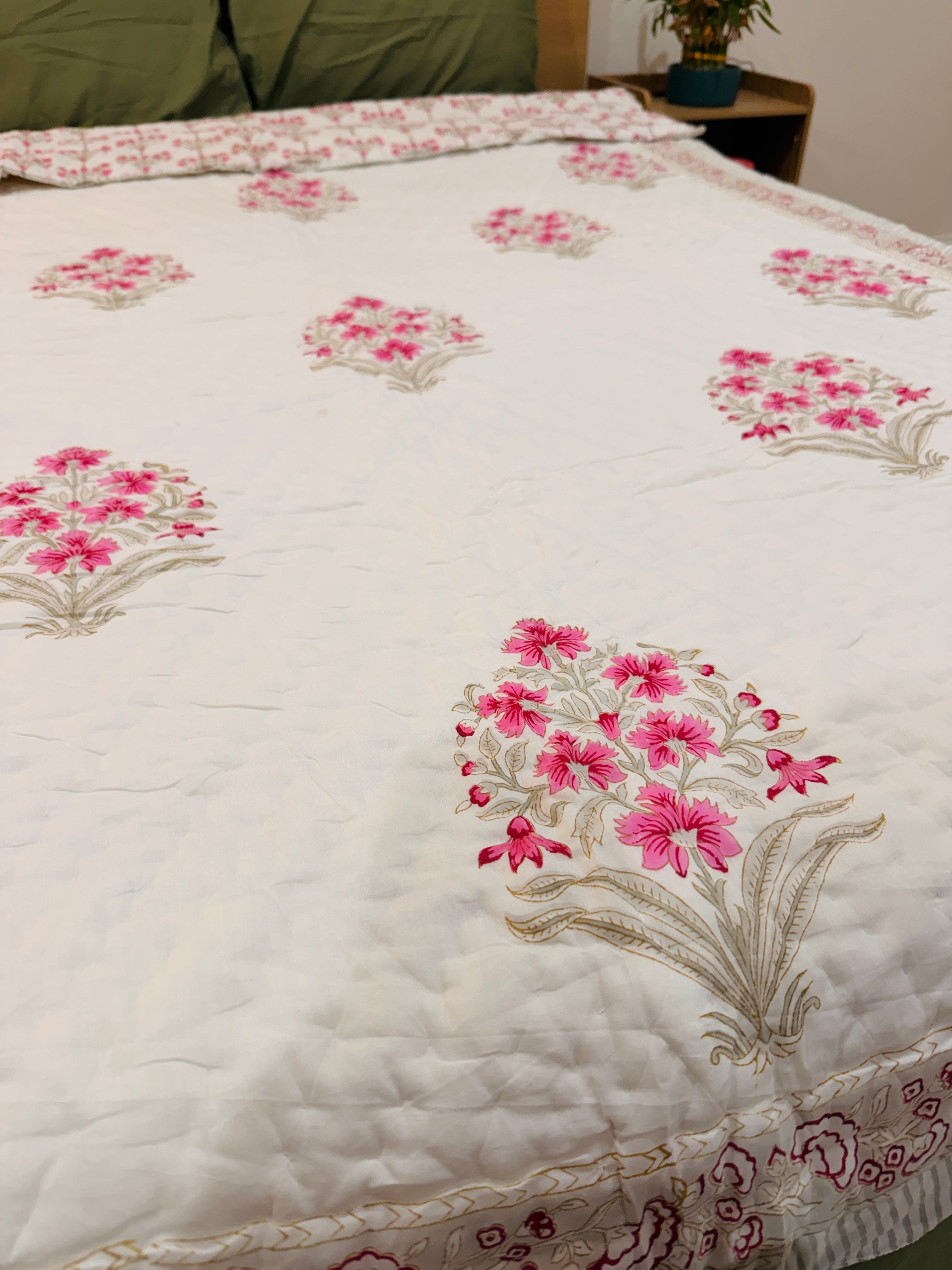 Pink Floral Twin Quilt | Jaipur Razai | 100% Cotton Reversible Summer Blanket | Lightweight & Breathable | Teen Birthday Gift
