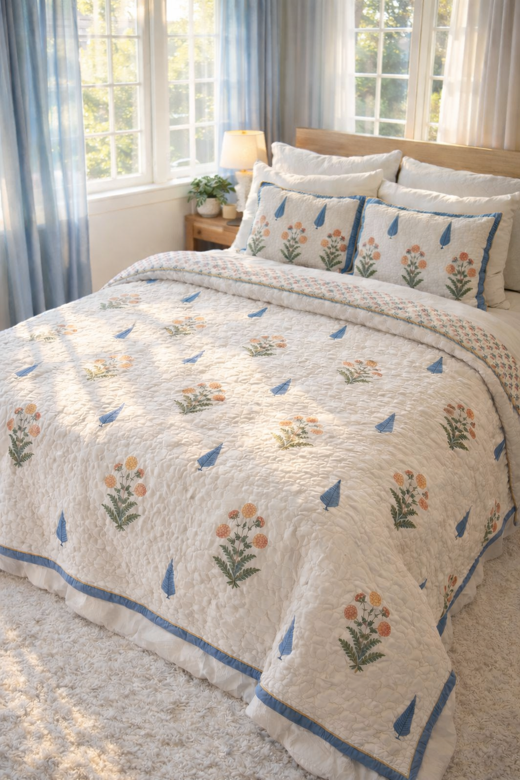 Blue Petal Garden - Quilted Bedspread with Shams