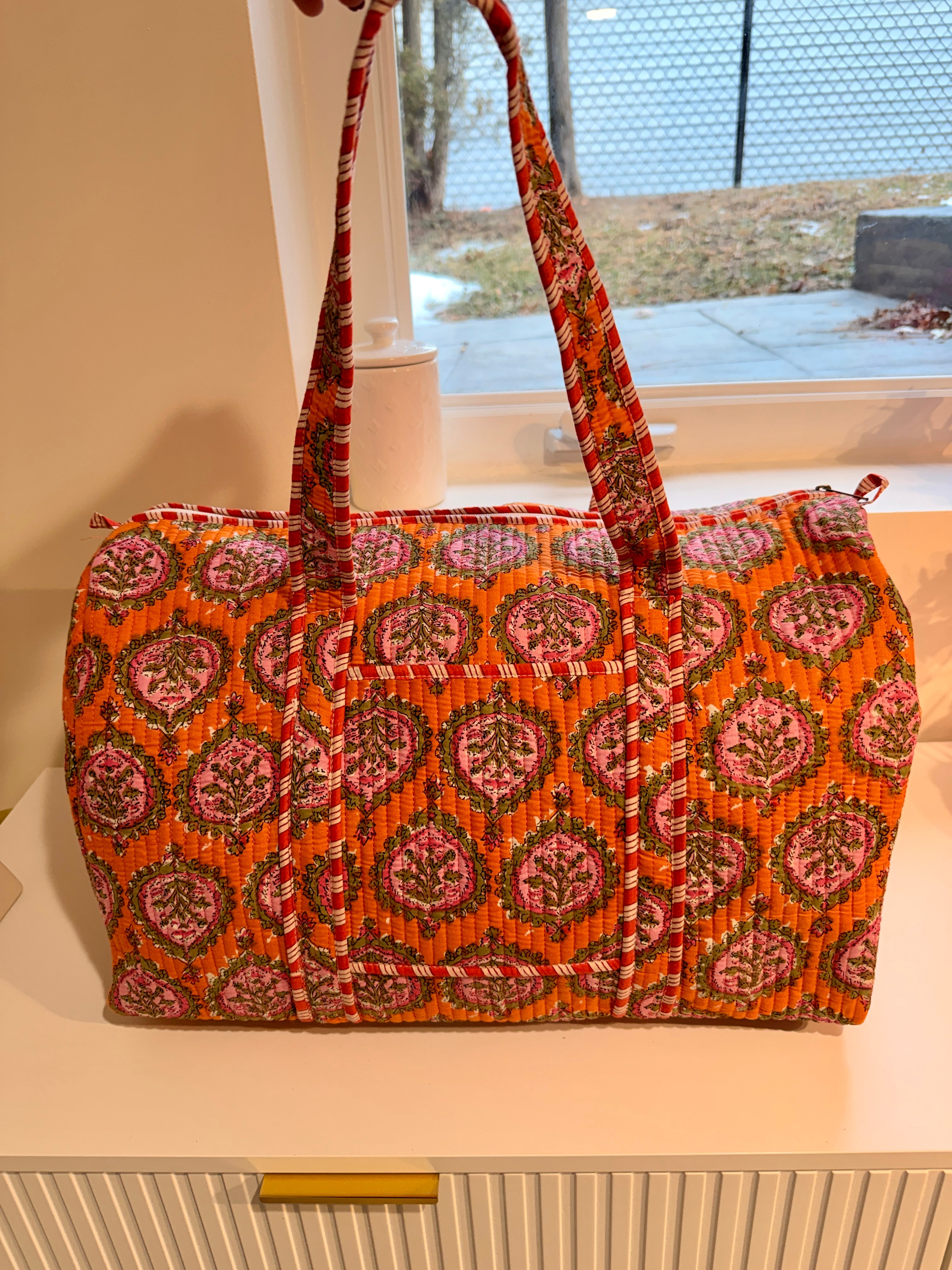 Hand Block Printed Orange Handmade Weekender Duffle Bag