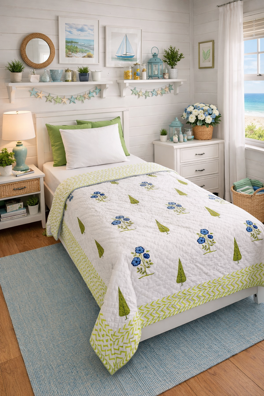 Twin Size Reversible Cotton Quilt | Hand Block Printed Jaipur Razai | Lightweight Soft Summer Blanket | Made in India