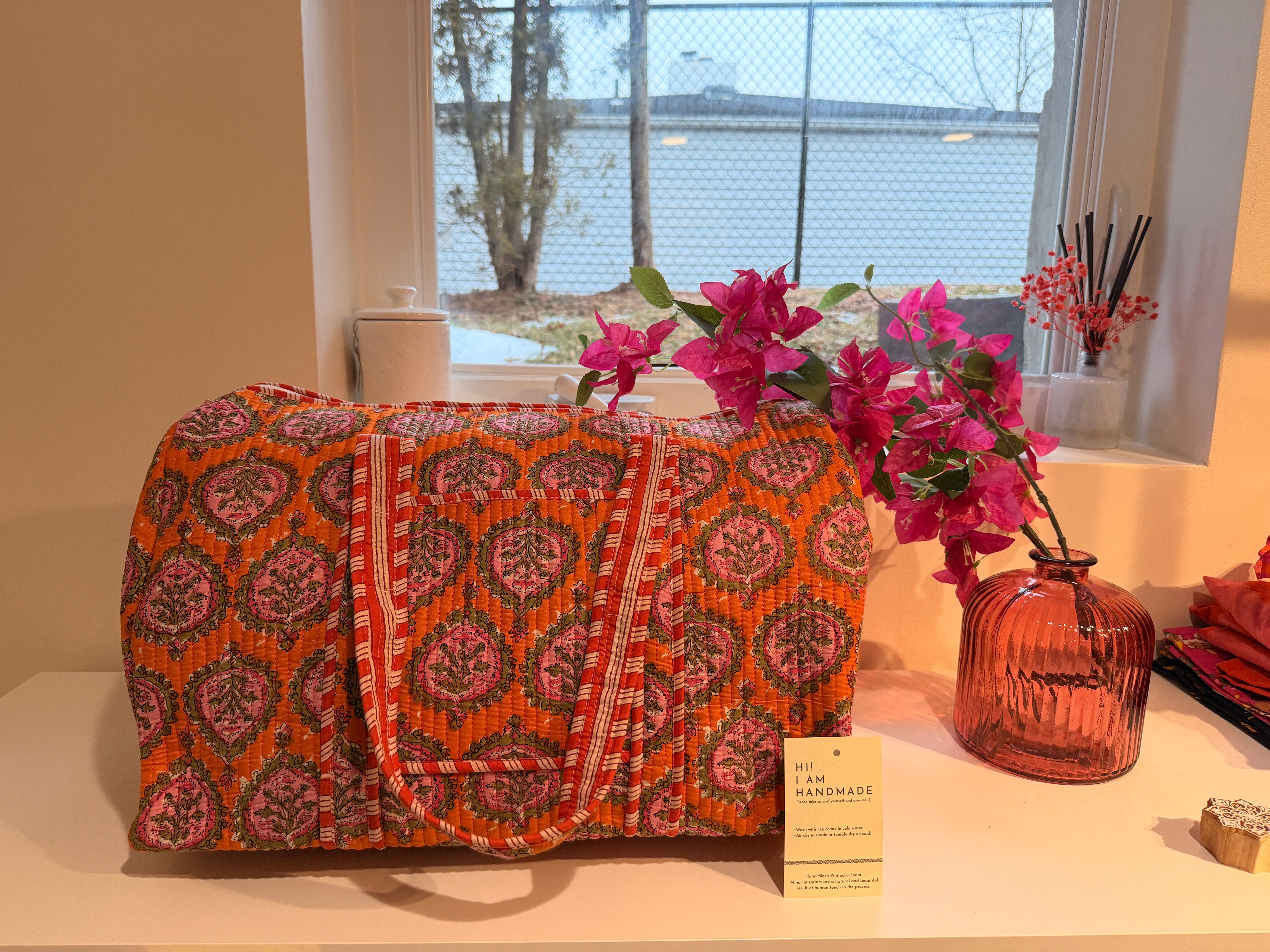 Hand Block Printed Orange Handmade Weekender Duffle Bag