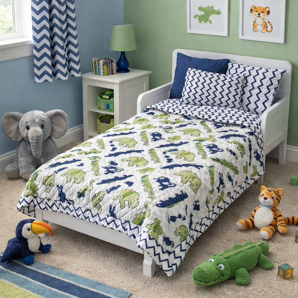 Reversible Toddler Bed Quilt | Dinosaur Print Baby Boy Blanket | Cotton Kids Nursery Bedding Gift