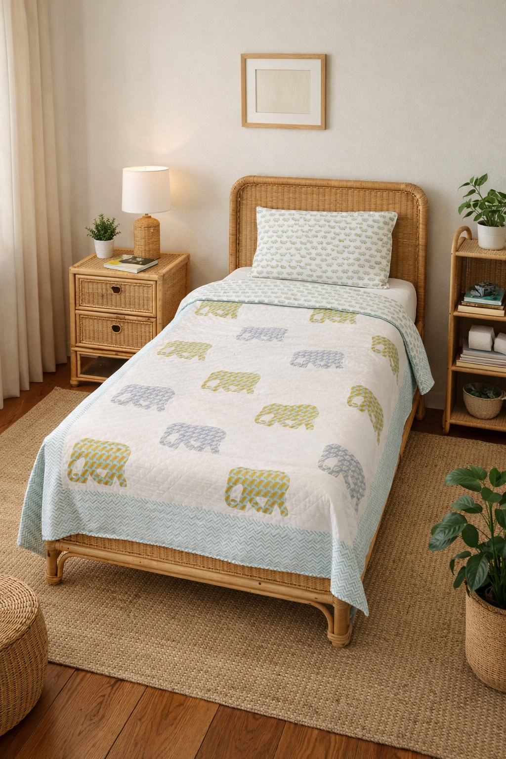 Twin Size Elephant Block Print Cotton Blanket | Reversible Jaipur Razai | Lightweight Sustainable Bedding | Made in India