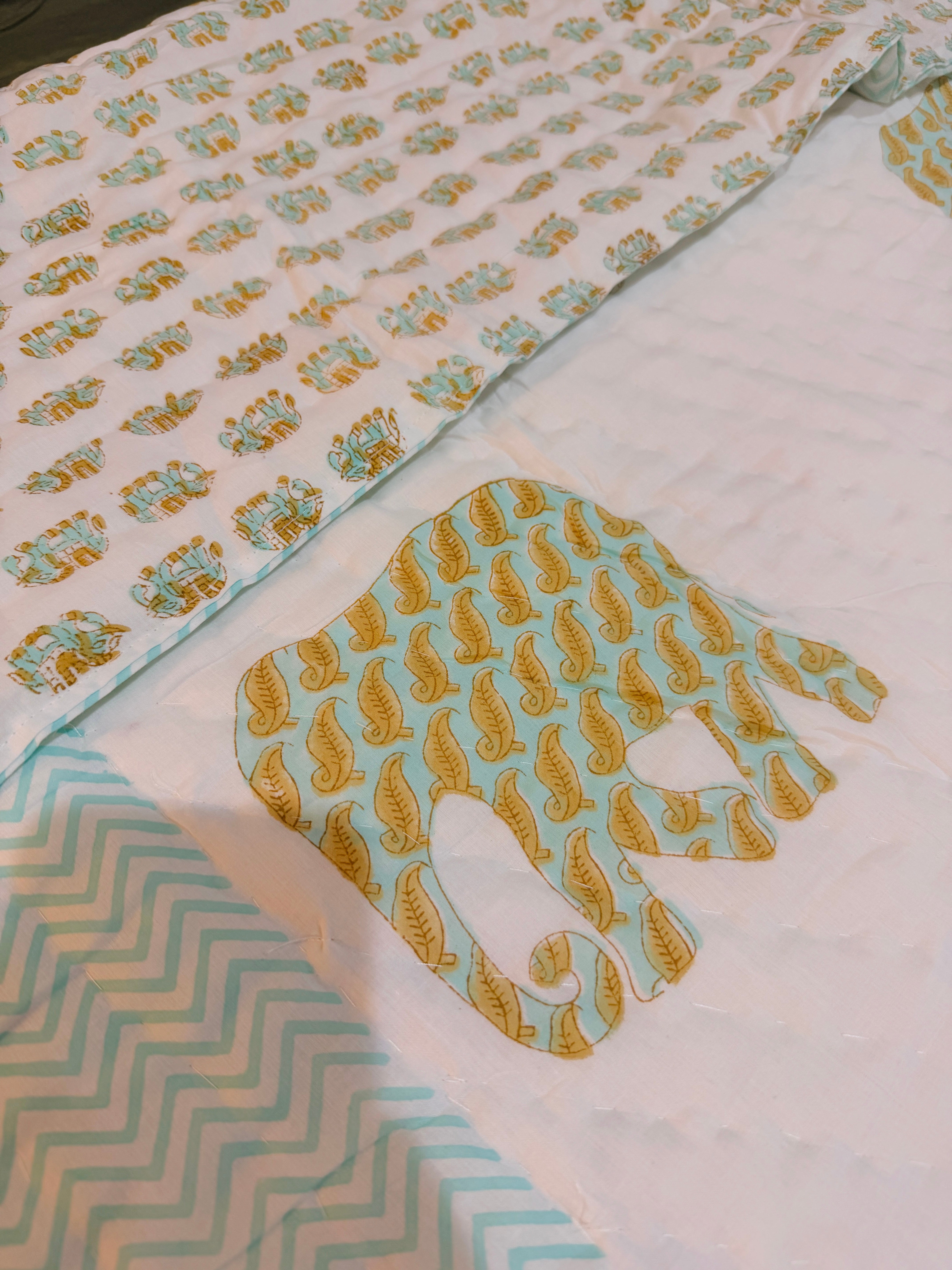 Twin Size Elephant Block Print Cotton Blanket | Reversible Jaipur Razai | Lightweight Sustainable Bedding | Made in India