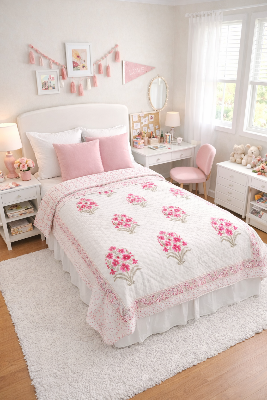 Pink Floral Twin Quilt | Jaipur Razai | 100% Cotton Reversible Summer Blanket | Lightweight & Breathable | Teen Birthday Gift