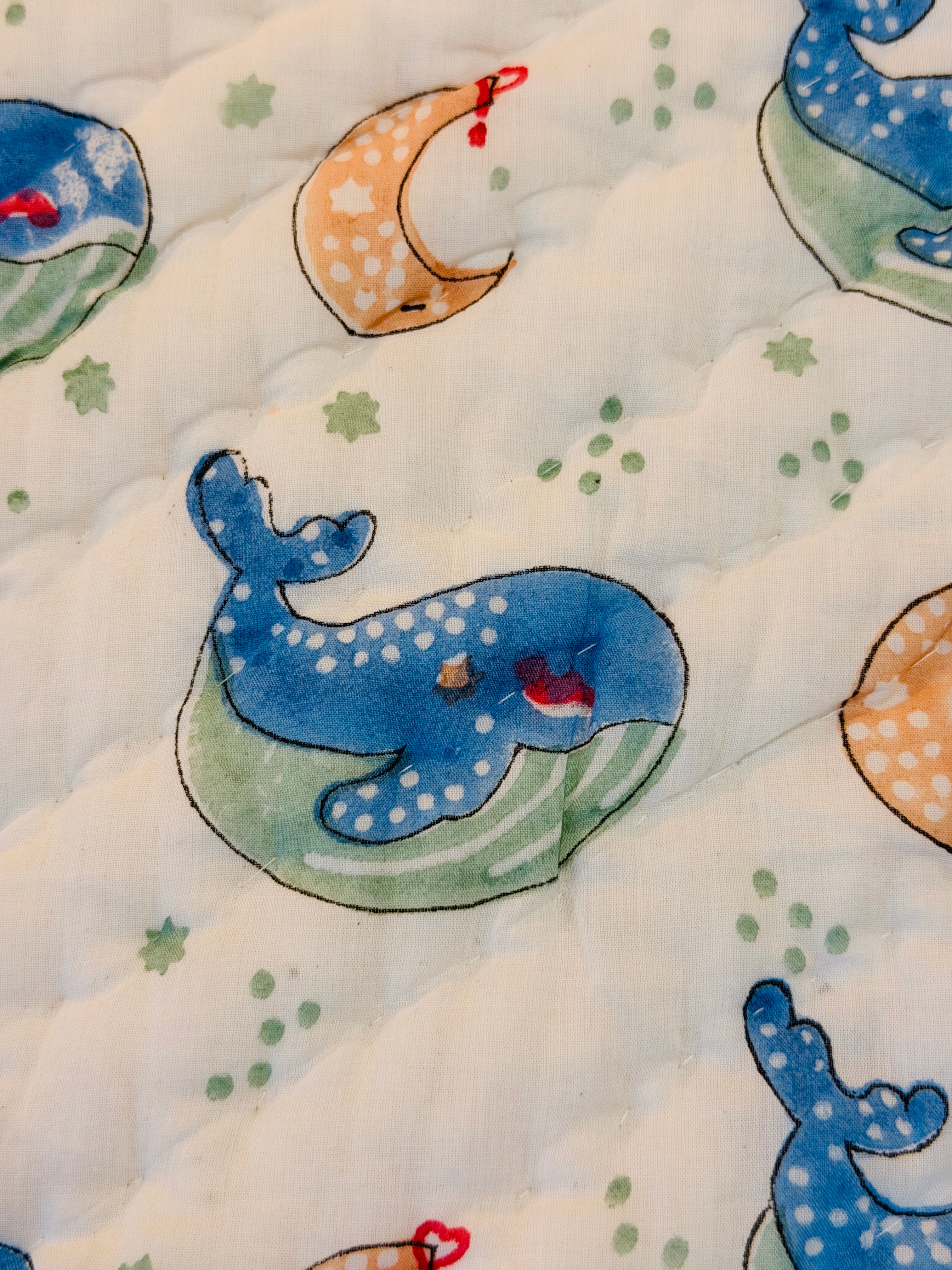 Whale & Moon Hand Block Printed Toddler Quilt