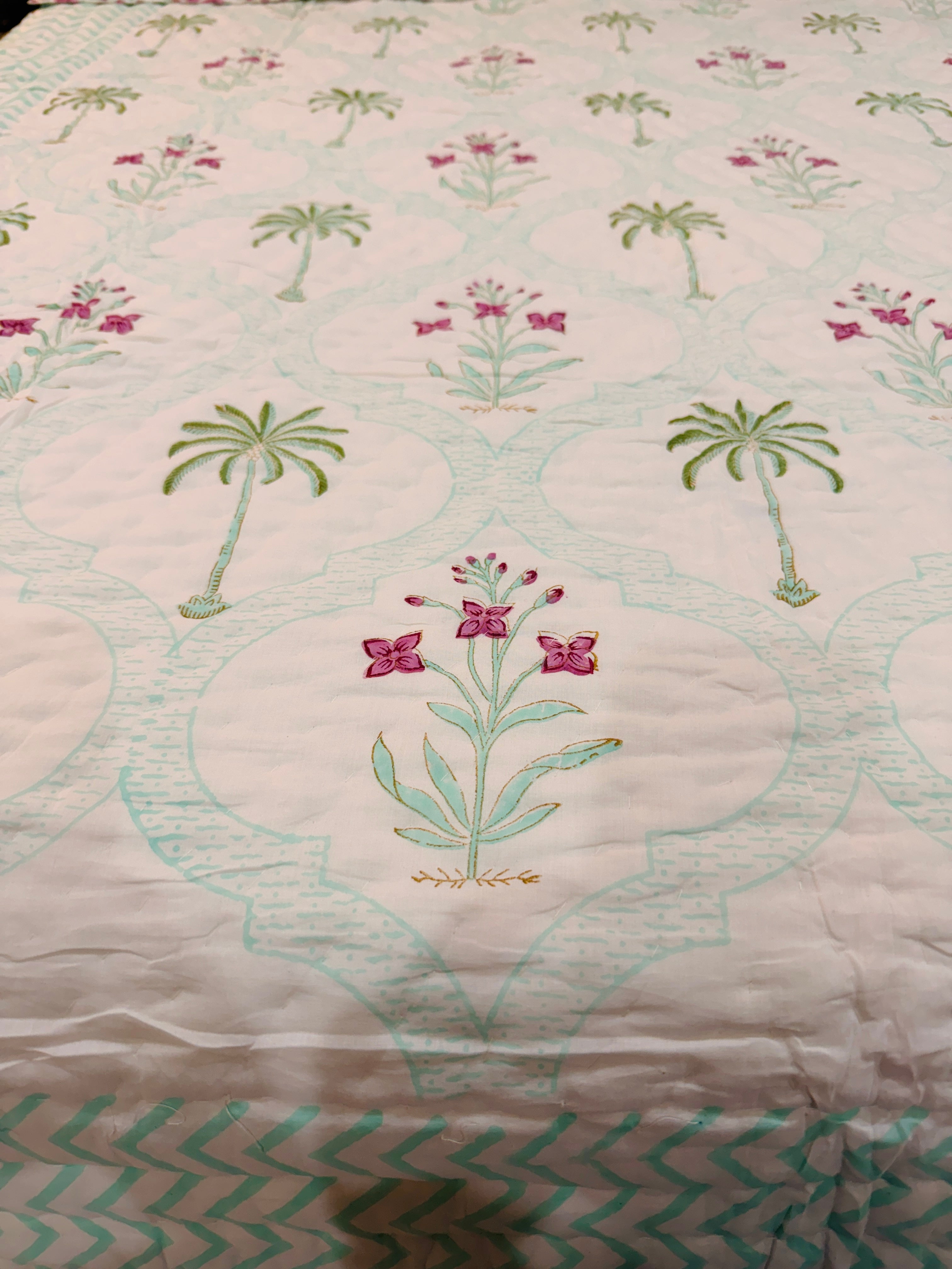 Twin Size Palm Print Cotton Quilt | Reversible Lightweight Beach House Blanket | 100% Cotton