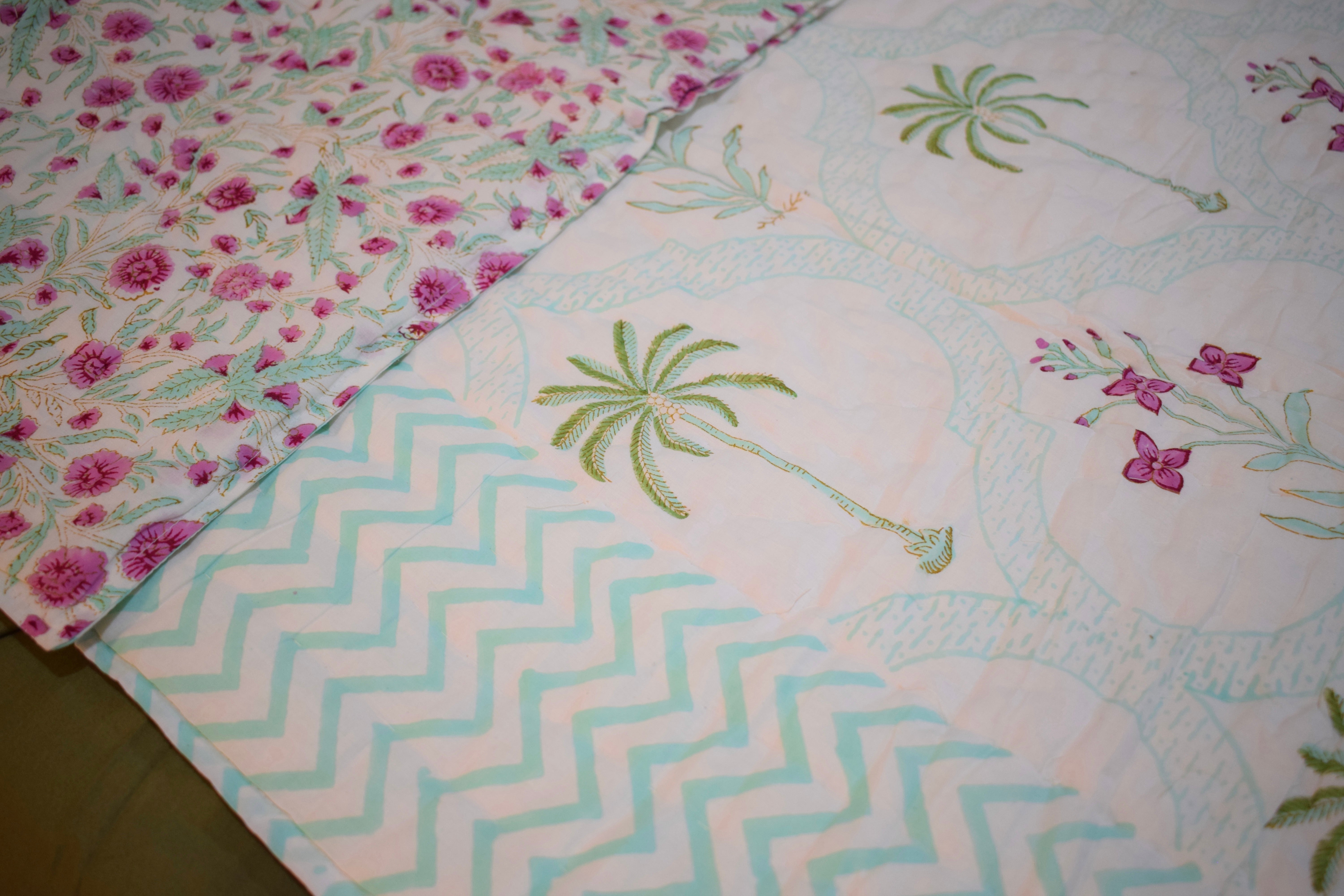 Twin Size Palm Print Cotton Quilt | Reversible Lightweight Beach House Blanket | 100% Cotton
