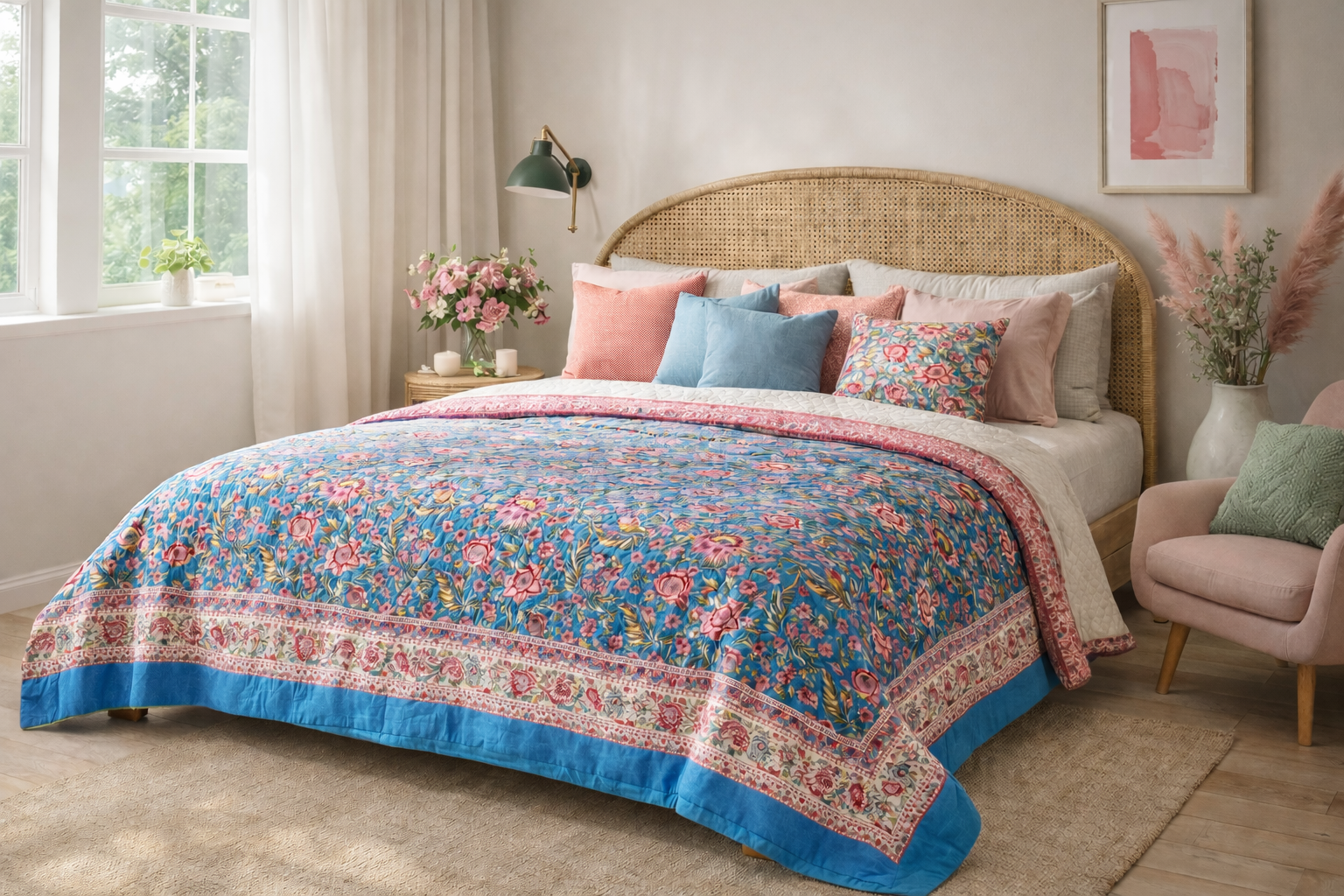 Blue and Pink Courtyard Reversible - Queen Quilt