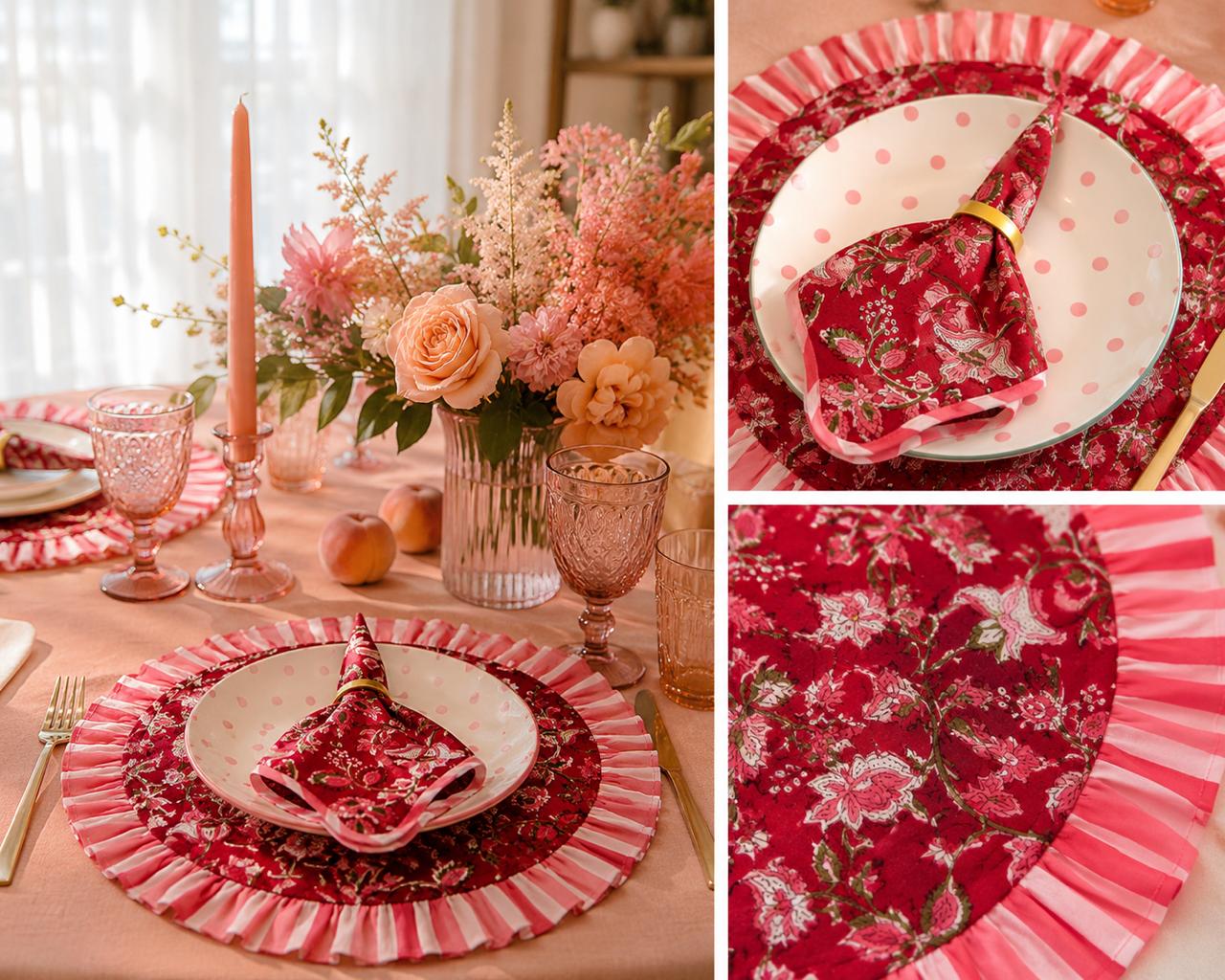 Crimson Garden Frill Block Printed Placemat & Napkin Set of 2