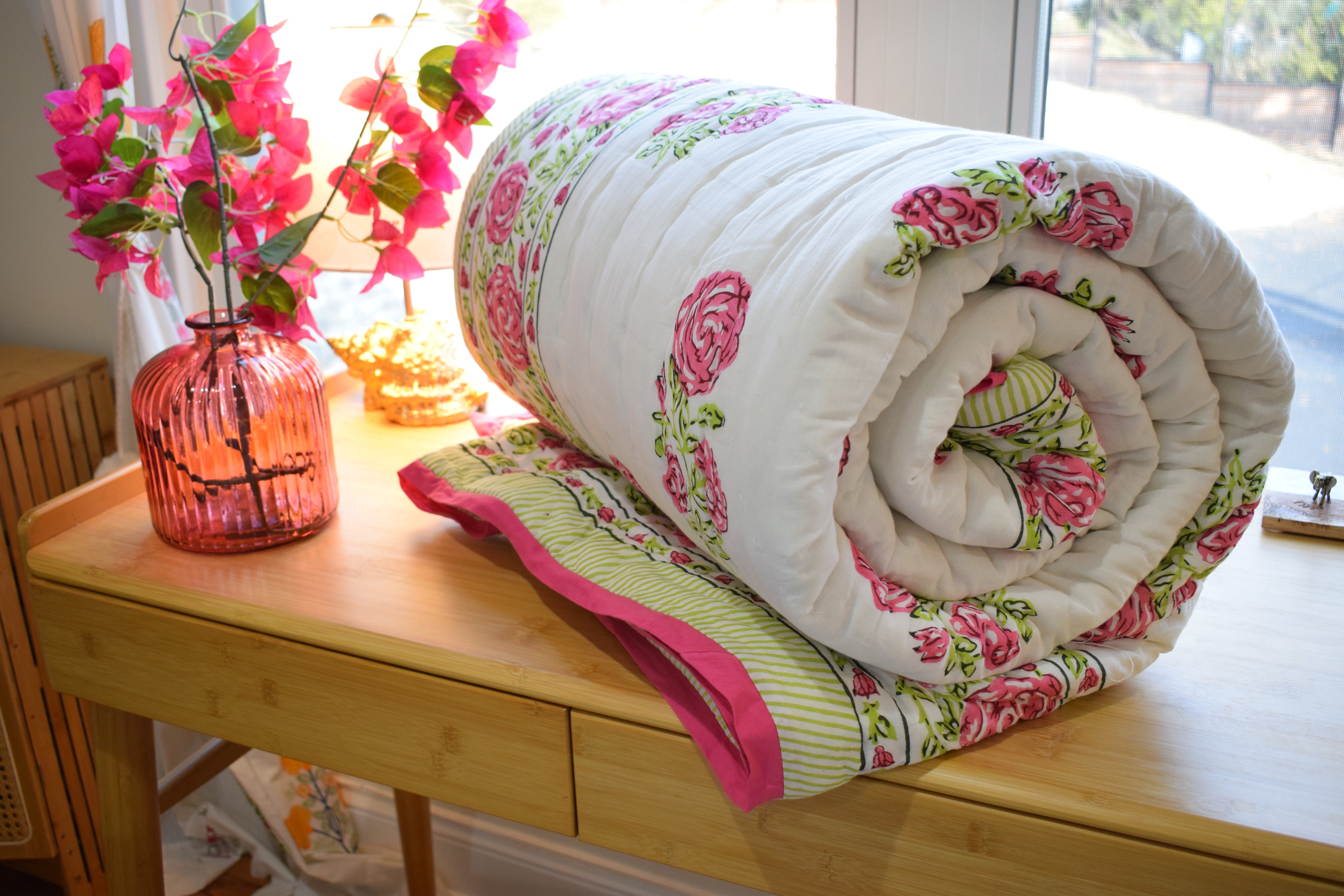 Pink Rose Reversible - Queen Quilt