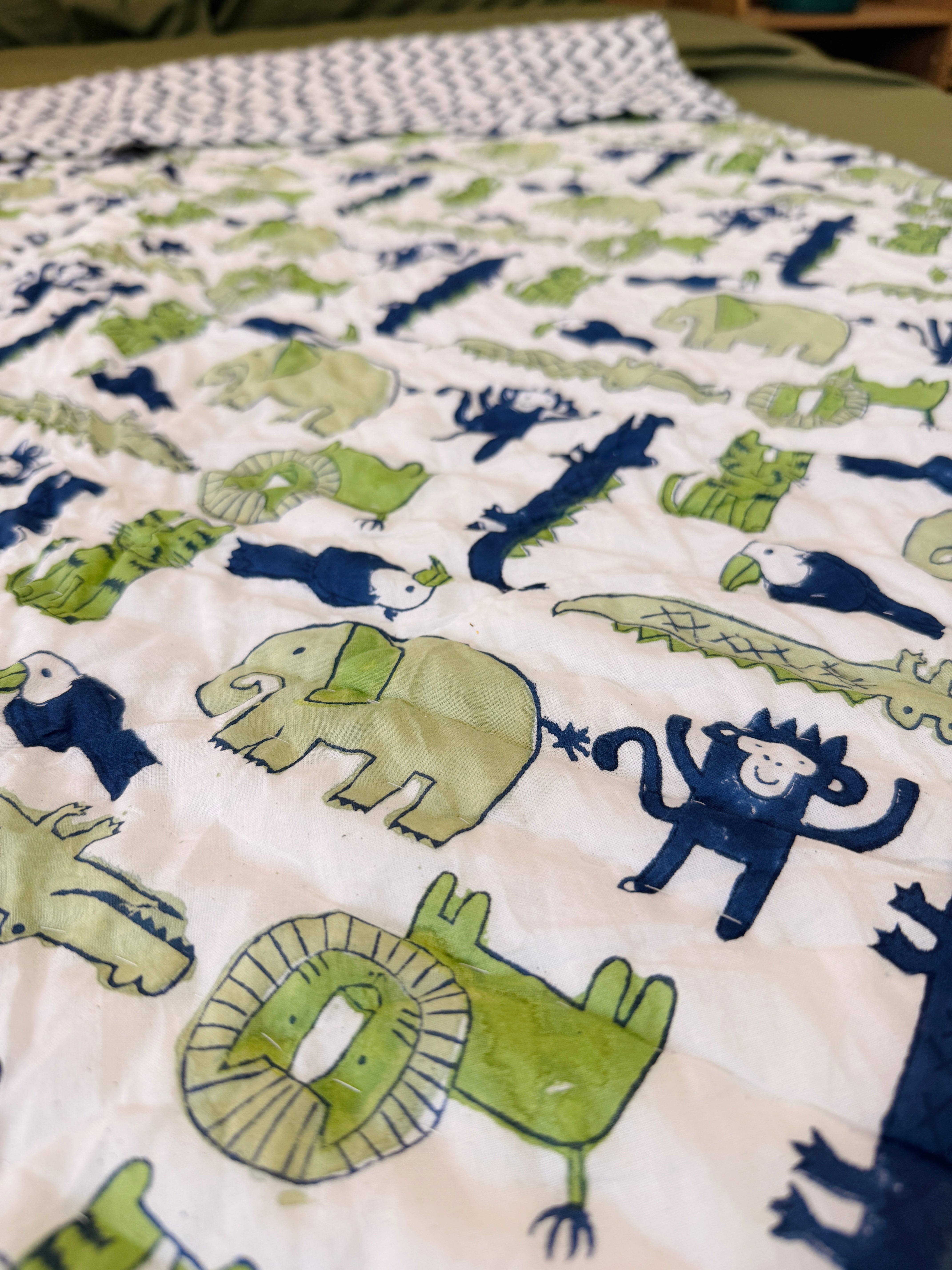 Reversible Toddler Bed Quilt | Dinosaur Print Baby Boy Blanket | Cotton Kids Nursery Bedding Gift