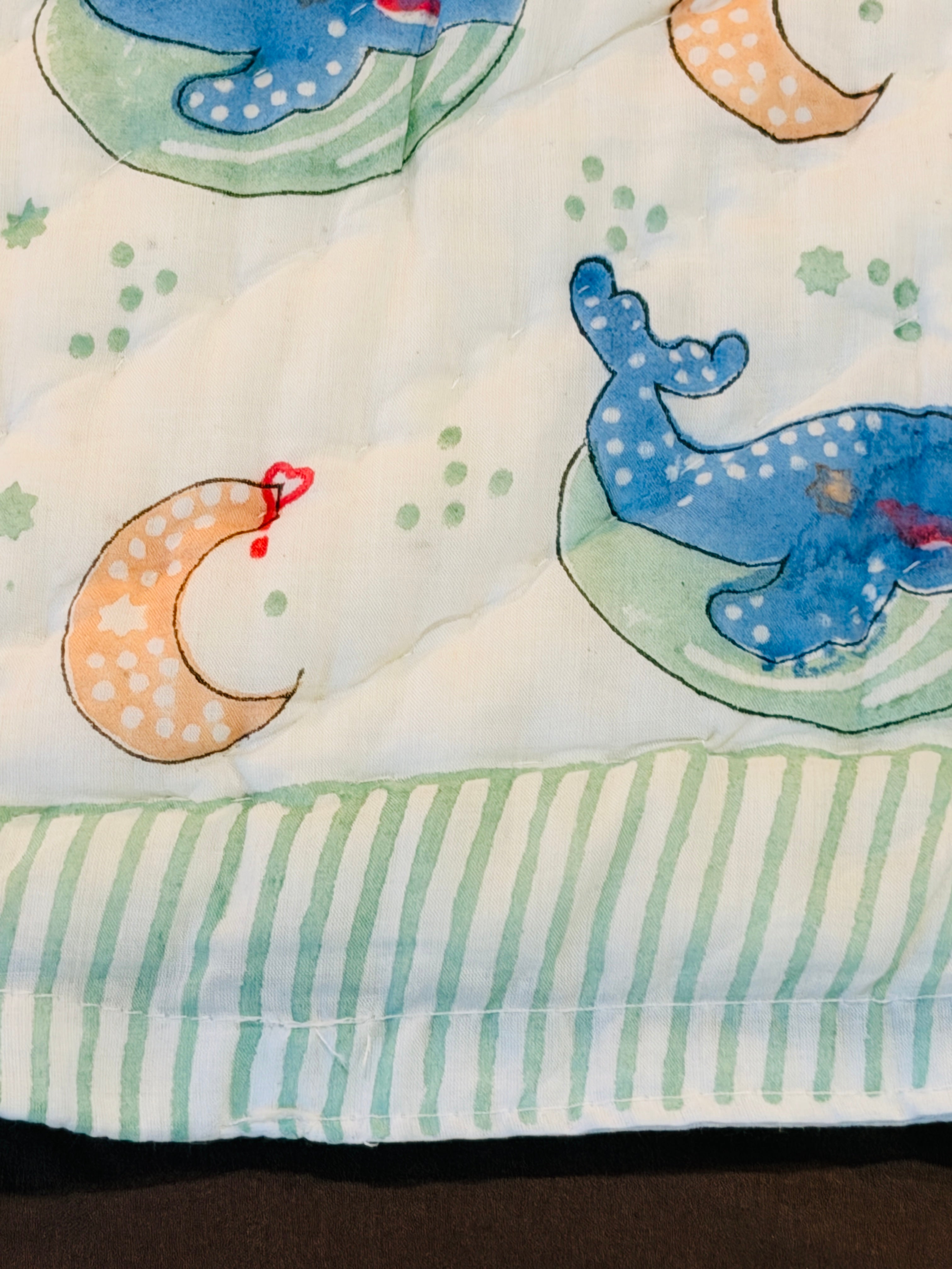 Whale & Moon Hand Block Printed Toddler Quilt