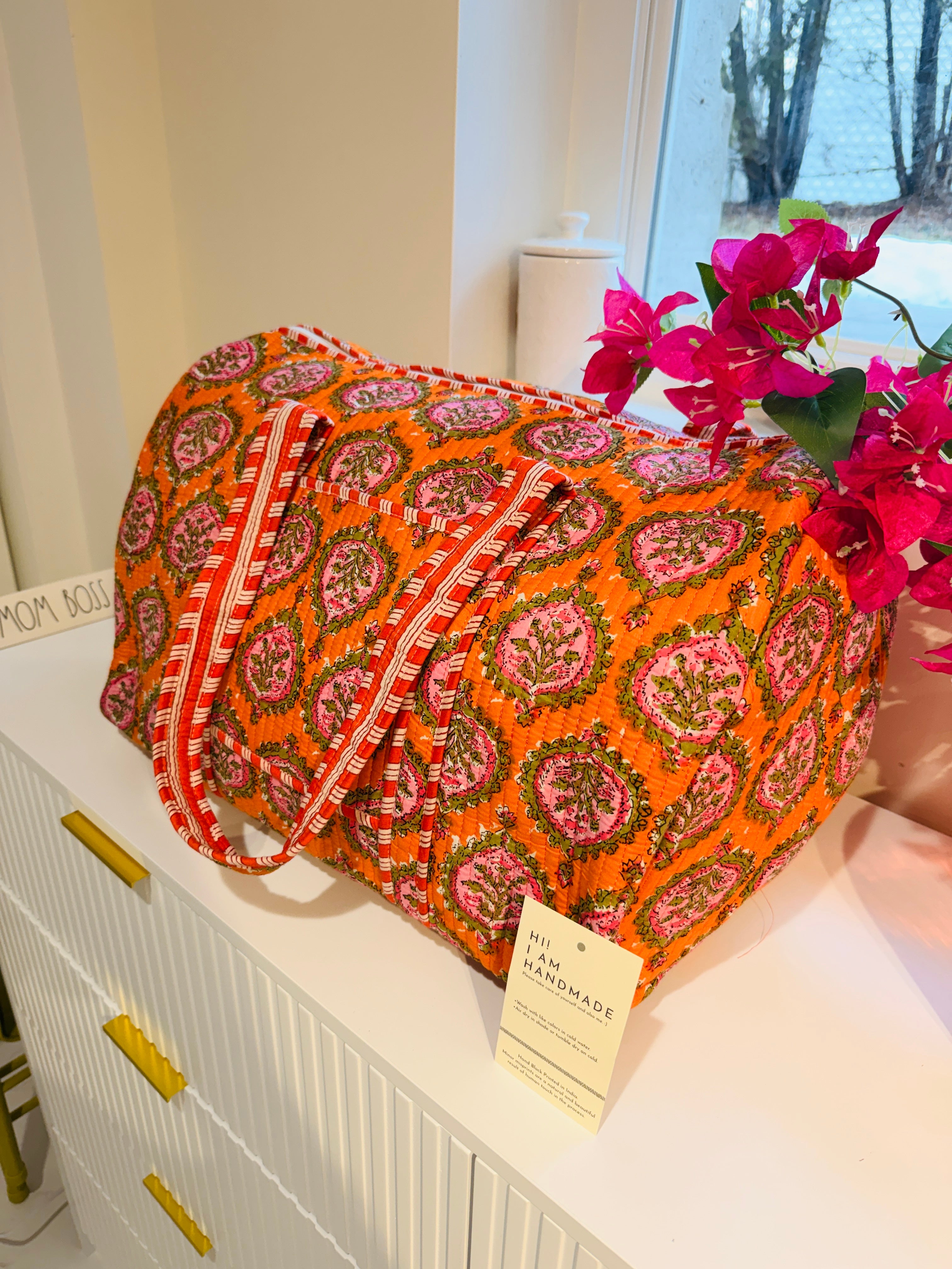 Hand Block Printed Orange Handmade Weekender Duffle Bag