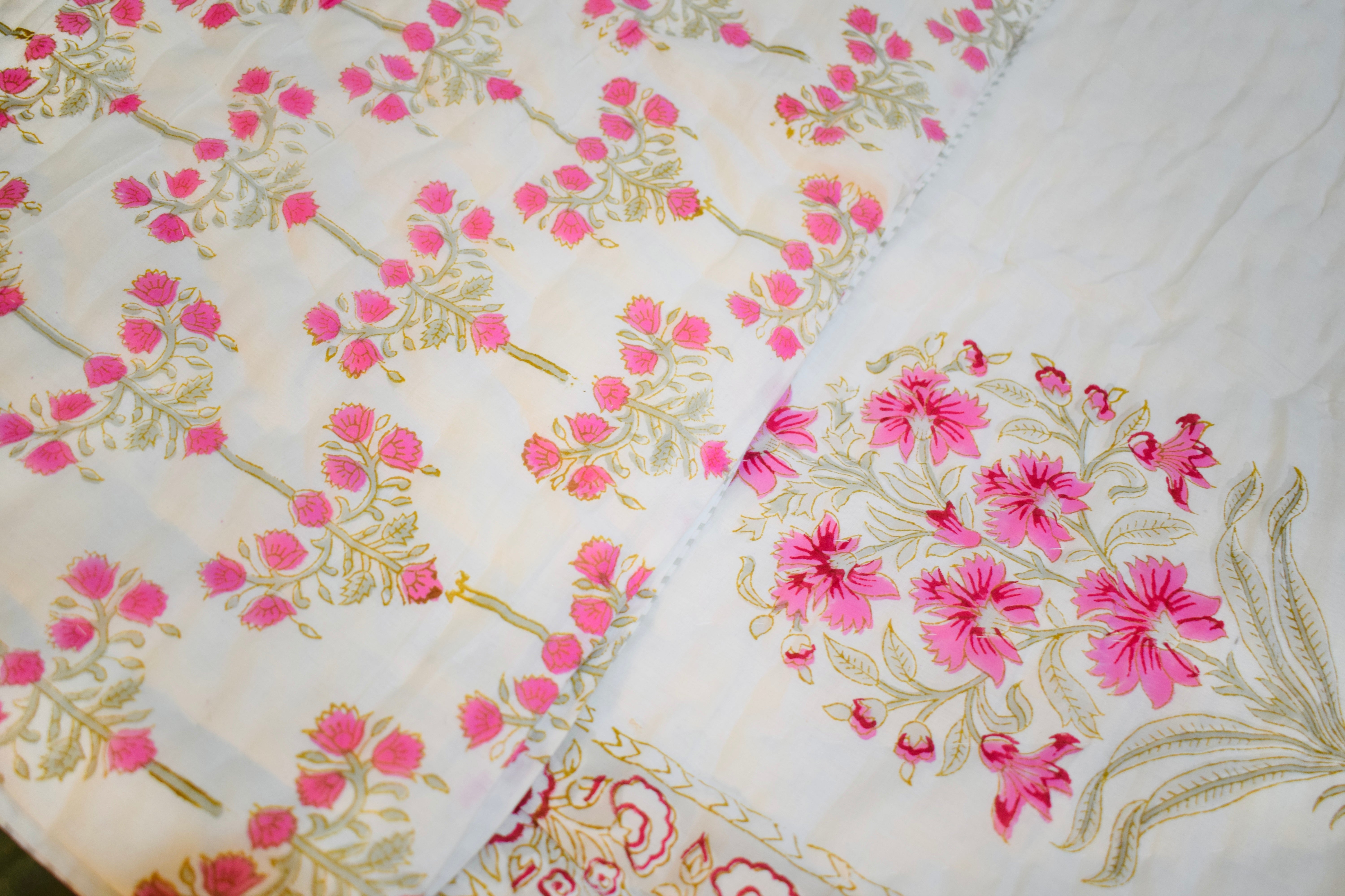 Pink Floral Twin Quilt | Jaipur Razai | 100% Cotton Reversible Summer Blanket | Lightweight & Breathable | Teen Birthday Gift