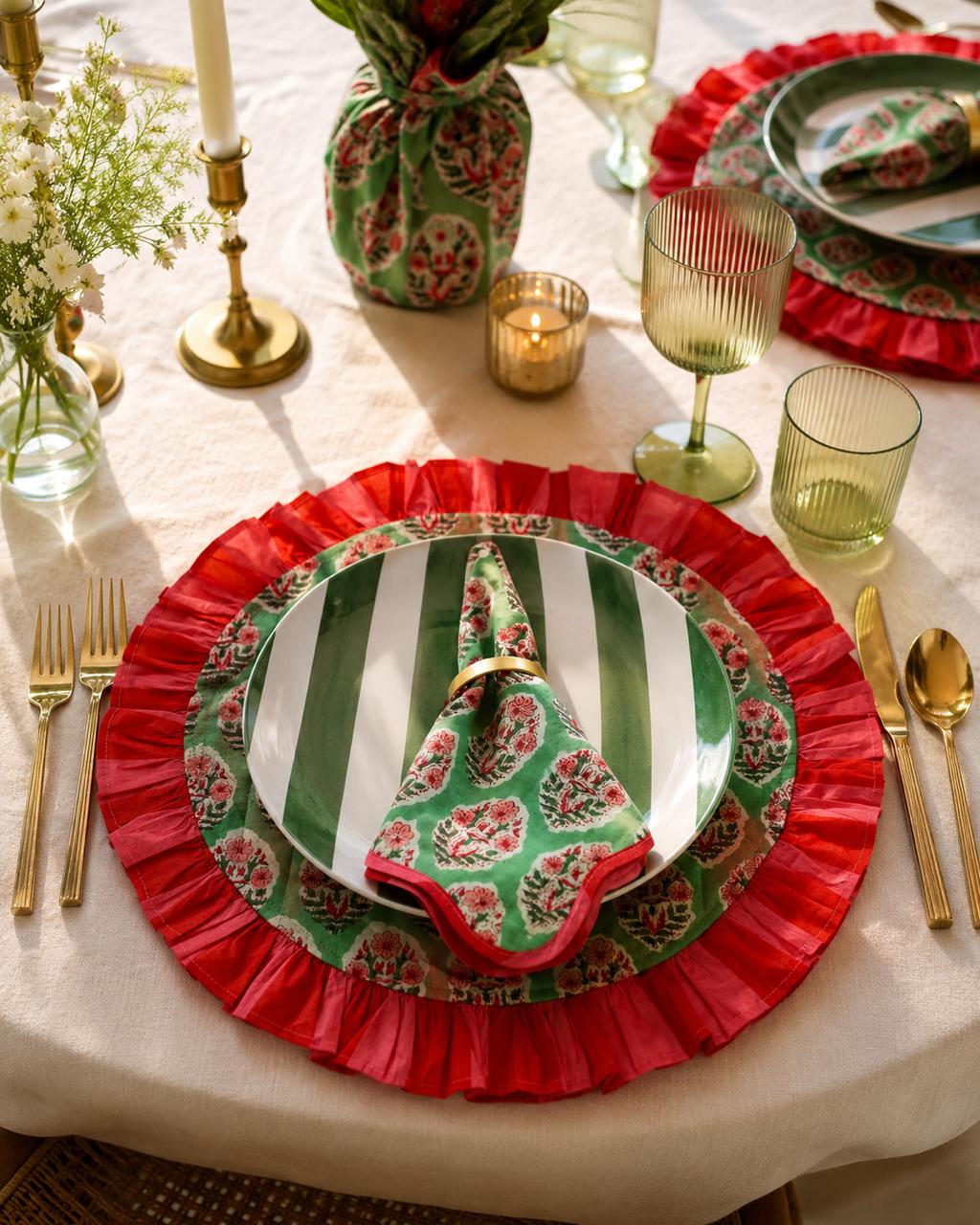 Emerald Blossom Frill Block Printed Placemat & Napkin Set of 2