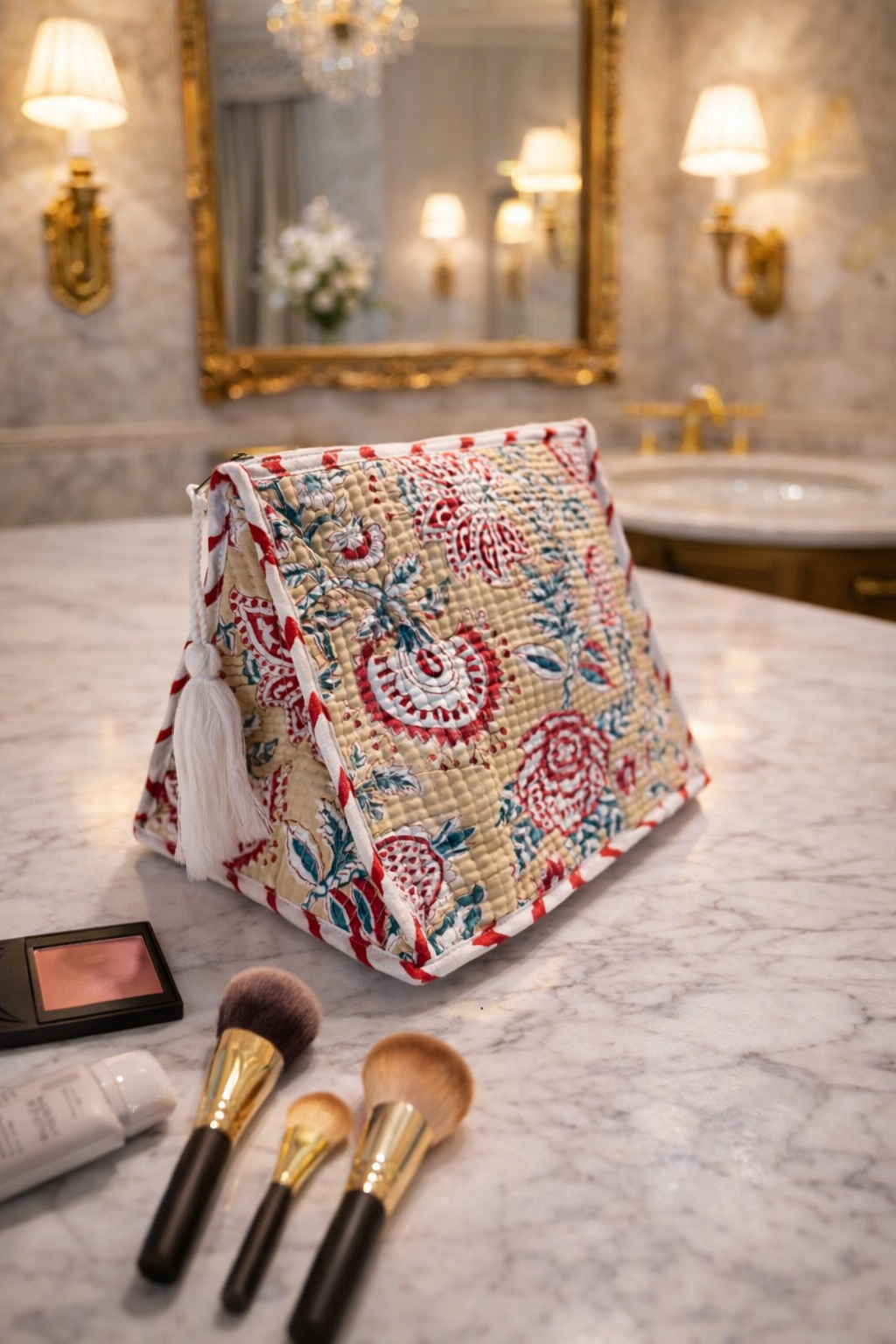 Beige Garden Triangle Foldable Vanity Pouch