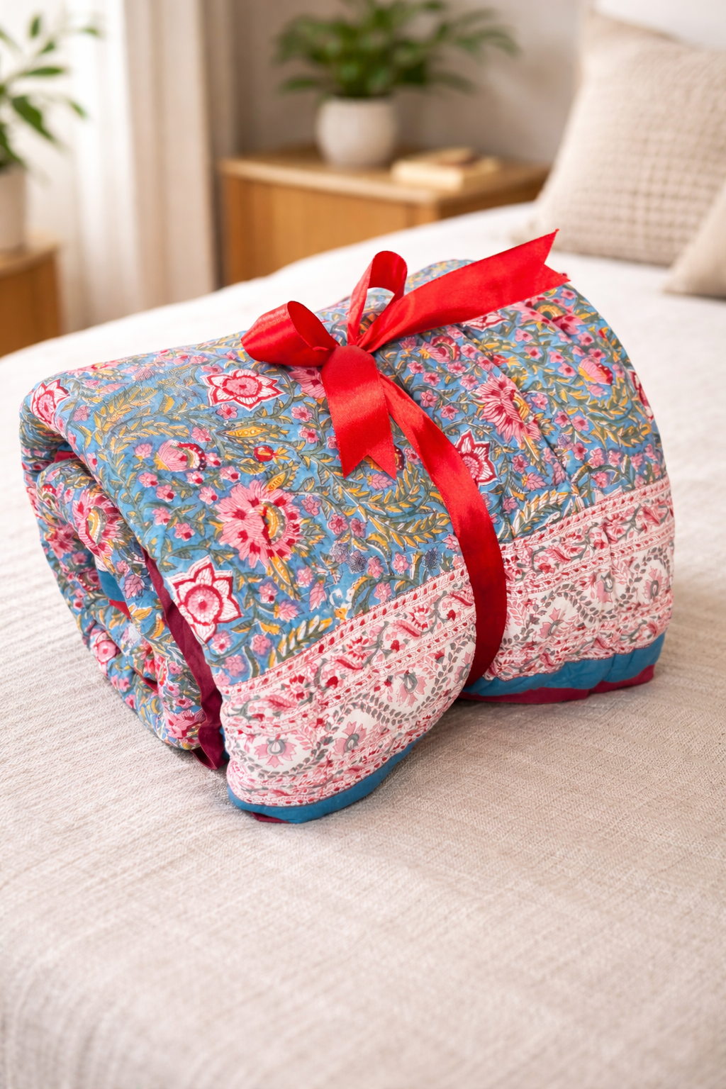Blue and Pink Courtyard Reversible - Queen Quilt