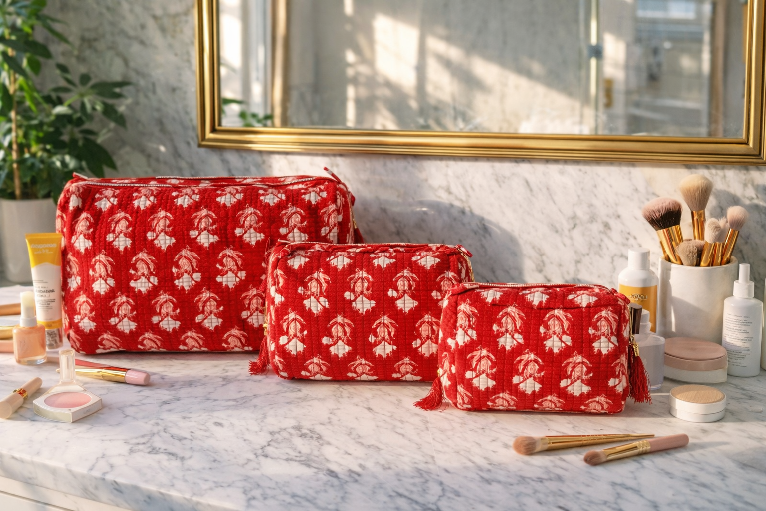 Red Floral Vanity Pouches Set