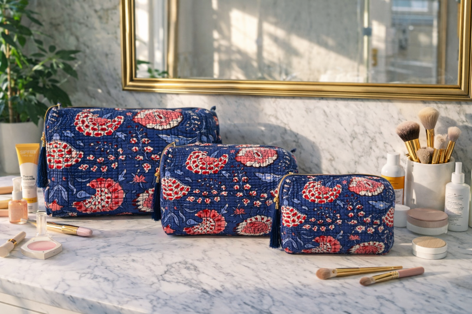 Blue Blossom Set of Vanity Pouches