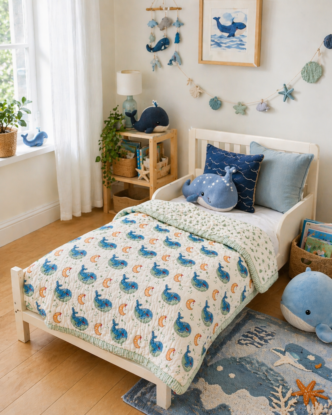 Whale & Moon Hand Block Printed Toddler Quilt