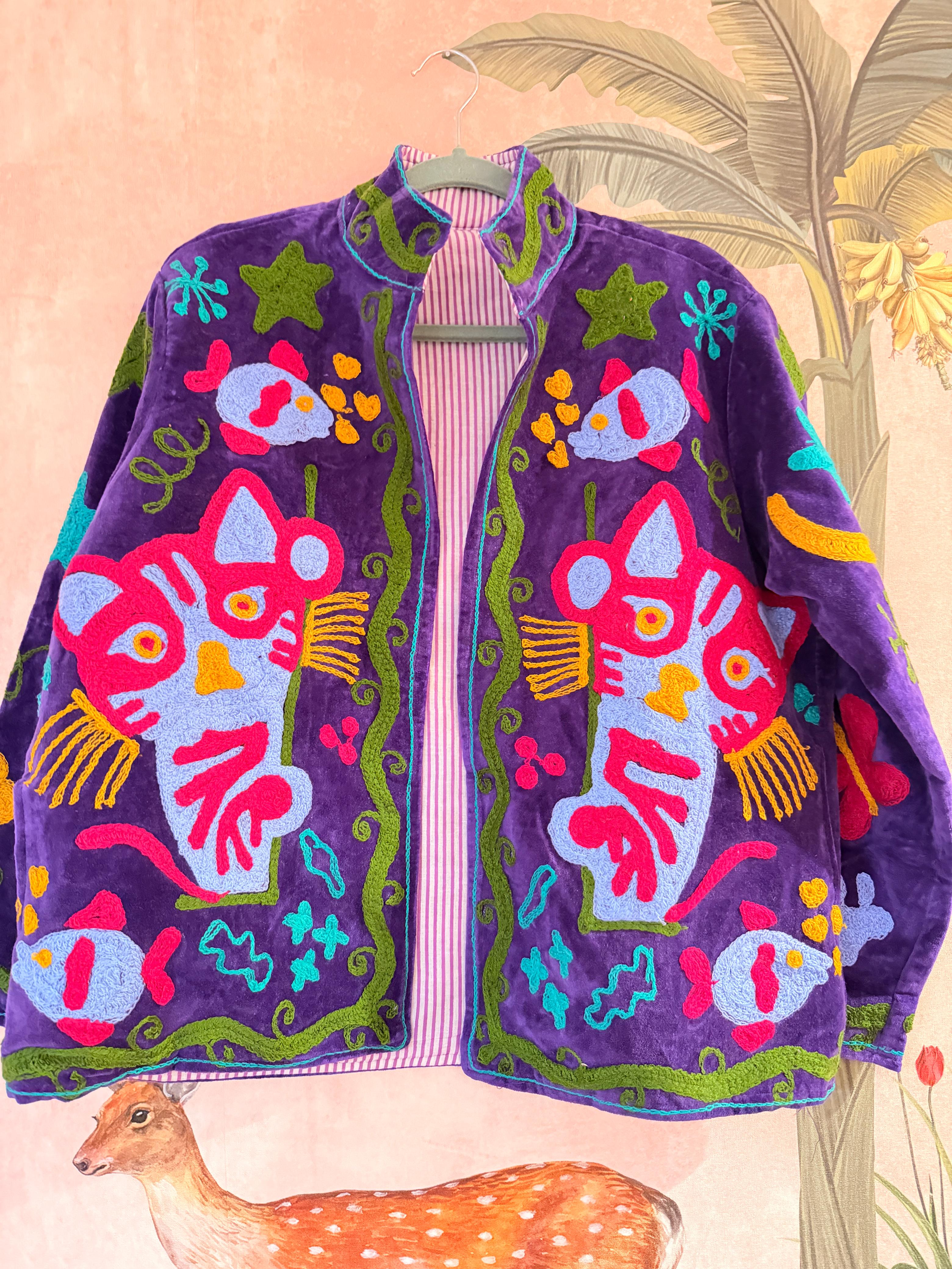 Purple Parrot Parade Embroidered Jacket