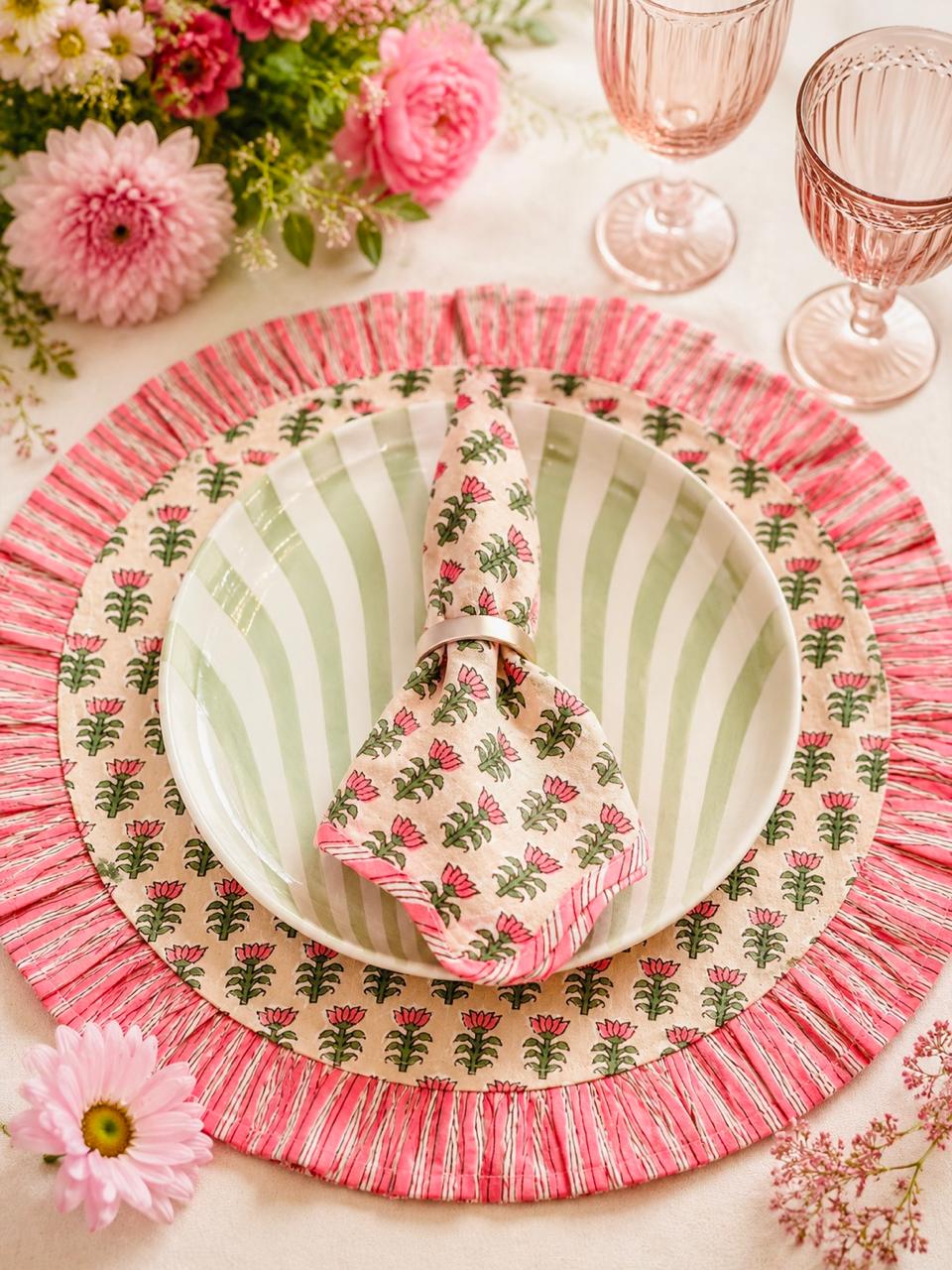 Rosette Garden Frill Block Printed Placemat & Napkin Set of 2
