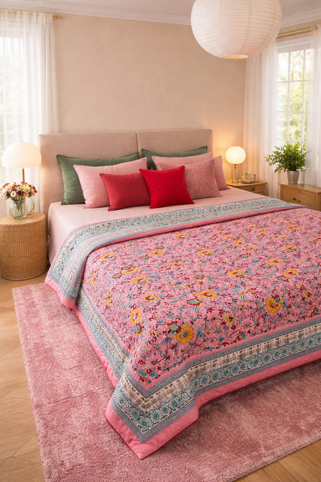 Pink Orchard Cotton Reversible Quilt