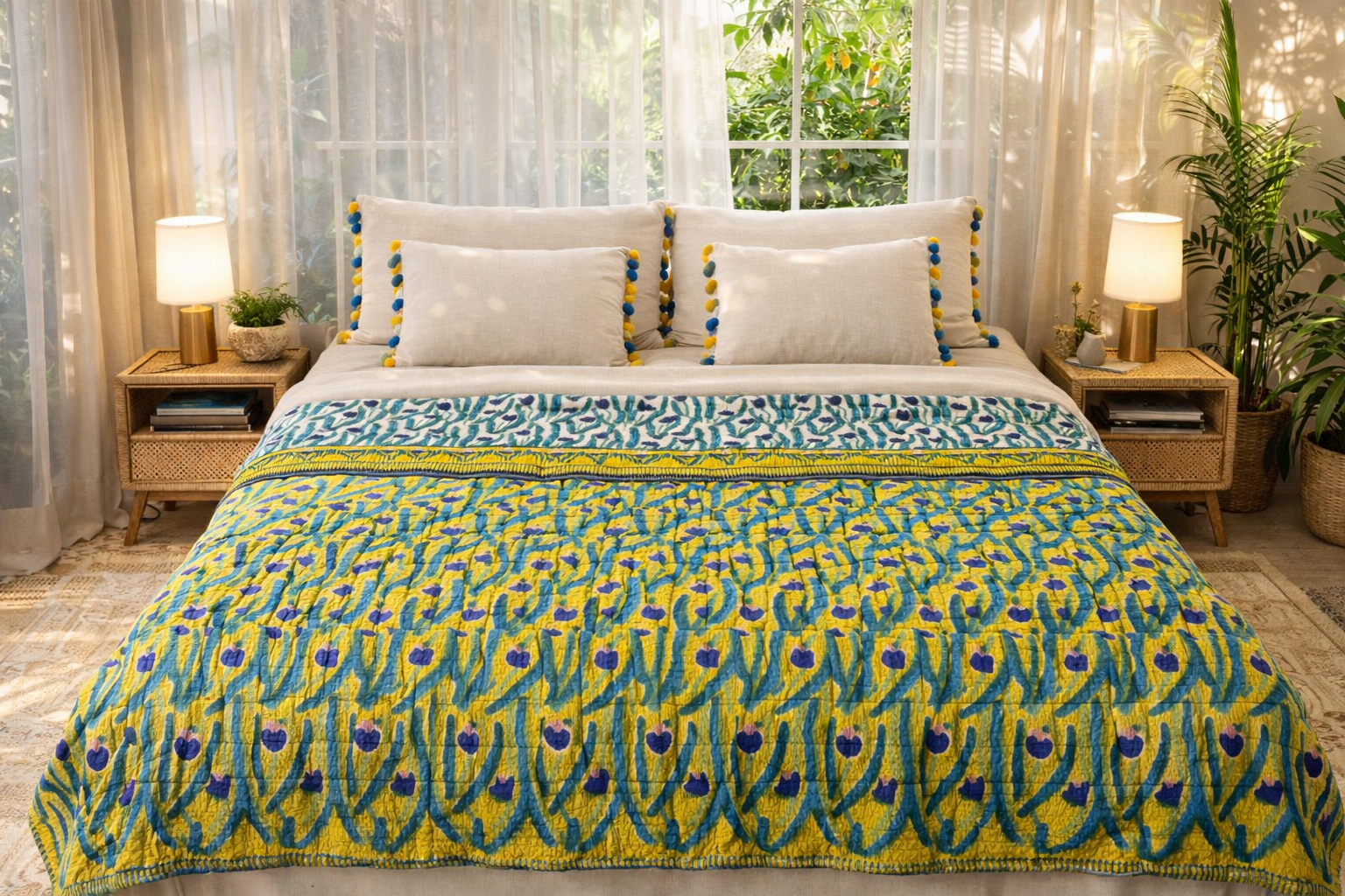 Yellow Tulip Vibrant Blanket – King Size Reversible 100% Cotton Quilt