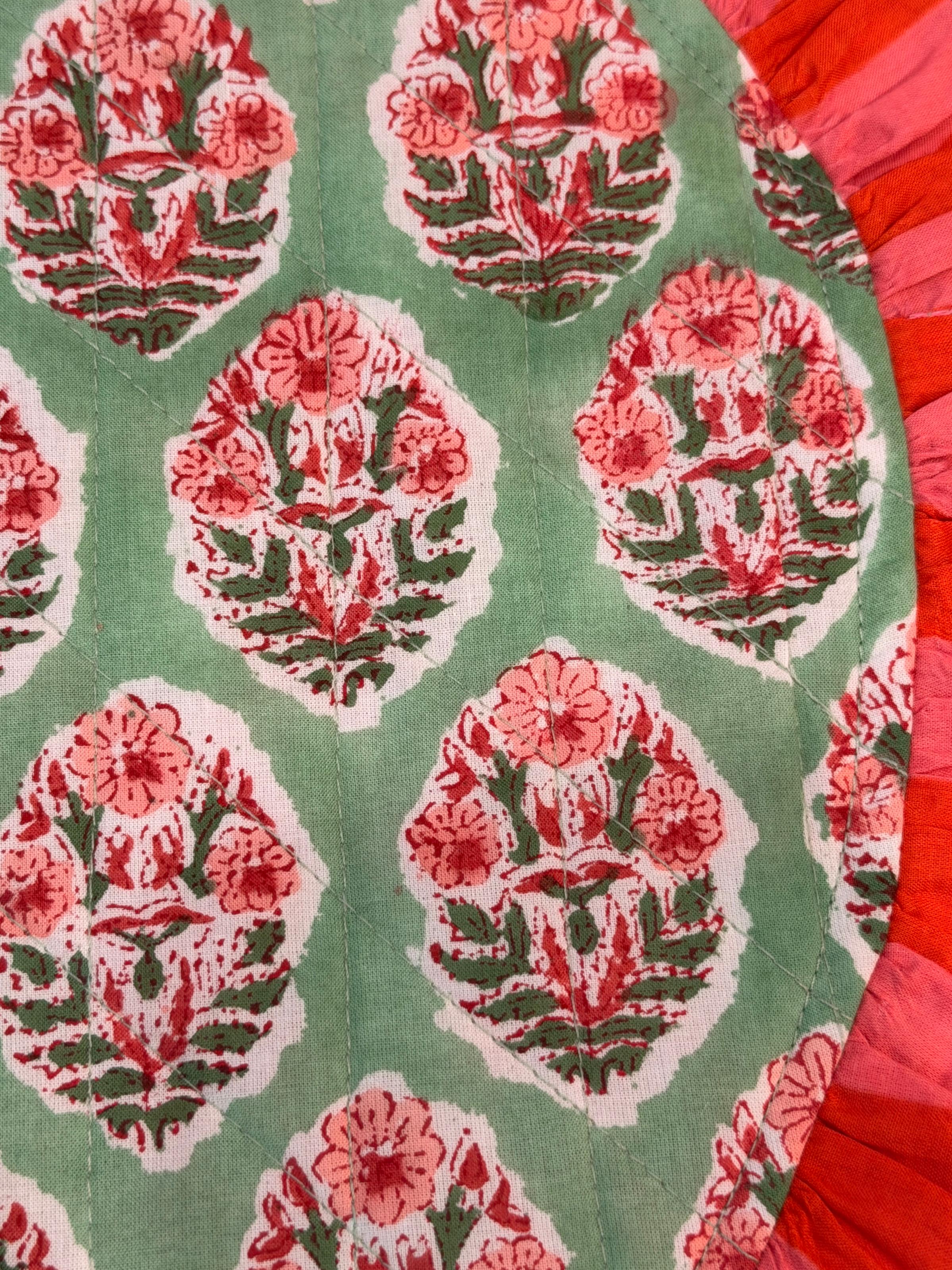 Emerald Blossom Frill Block Printed Placemat & Napkin Set of 2