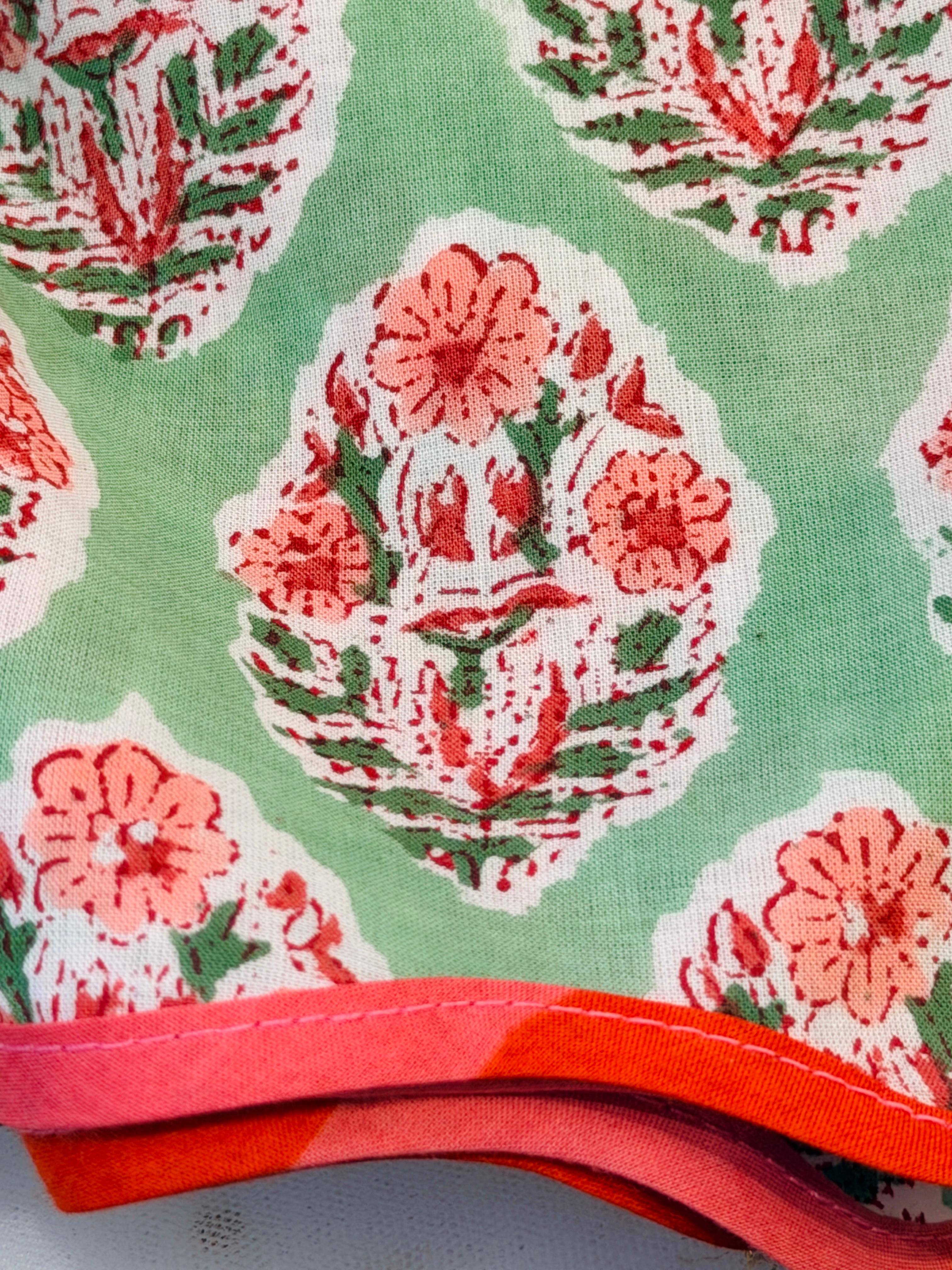 Emerald Blossom Frill Block Printed Placemat & Napkin Set of 2