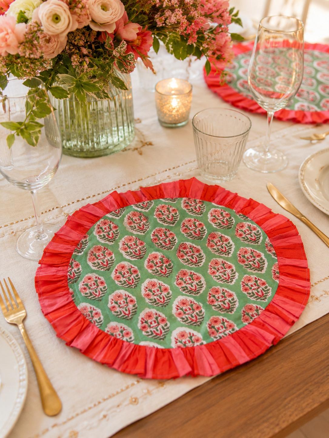 Emerald Blossom Frill Block Printed Placemat & Napkin Set of 2