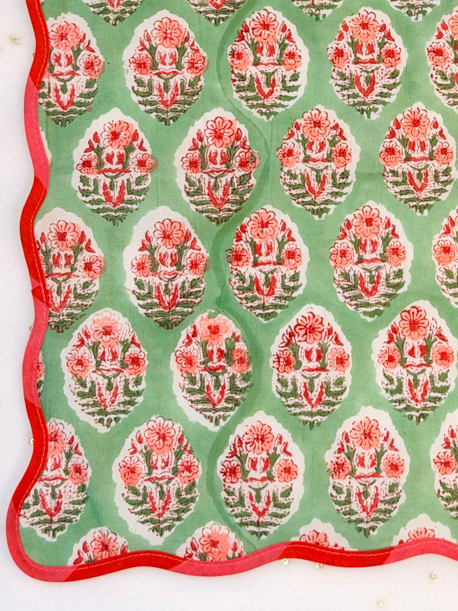 Emerald Blossom Frill Block Printed Placemat & Napkin Set of 2