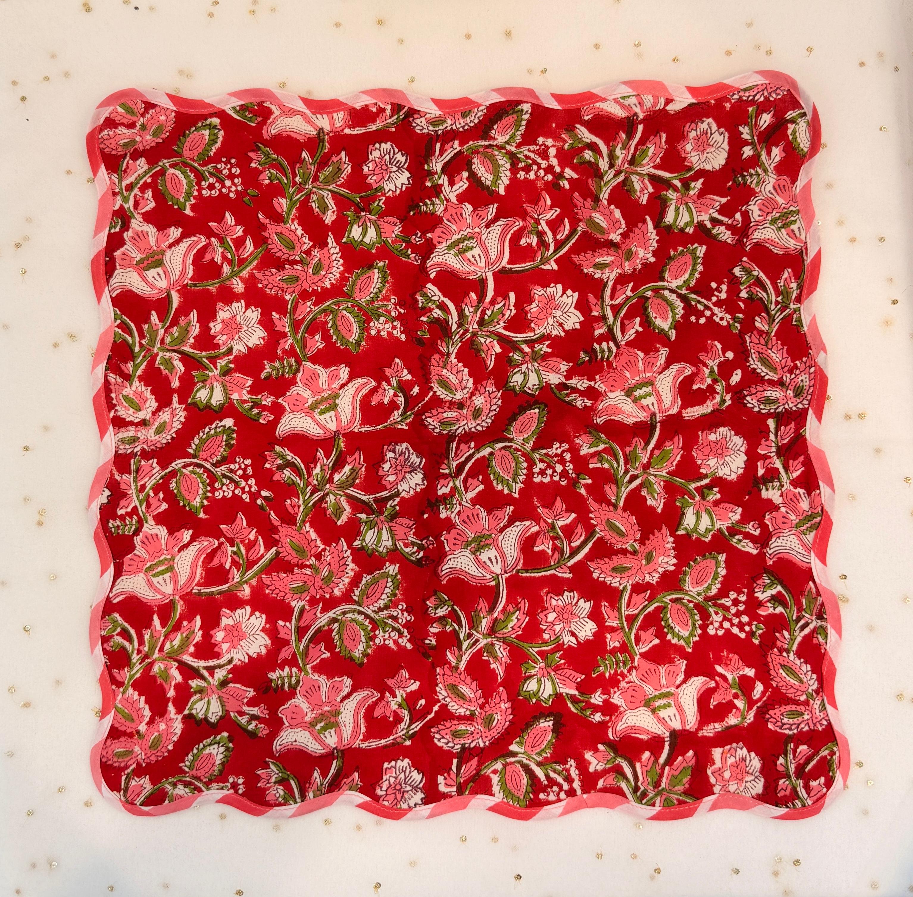 Crimson Garden Frill Block Printed Placemat & Napkin Set of 2