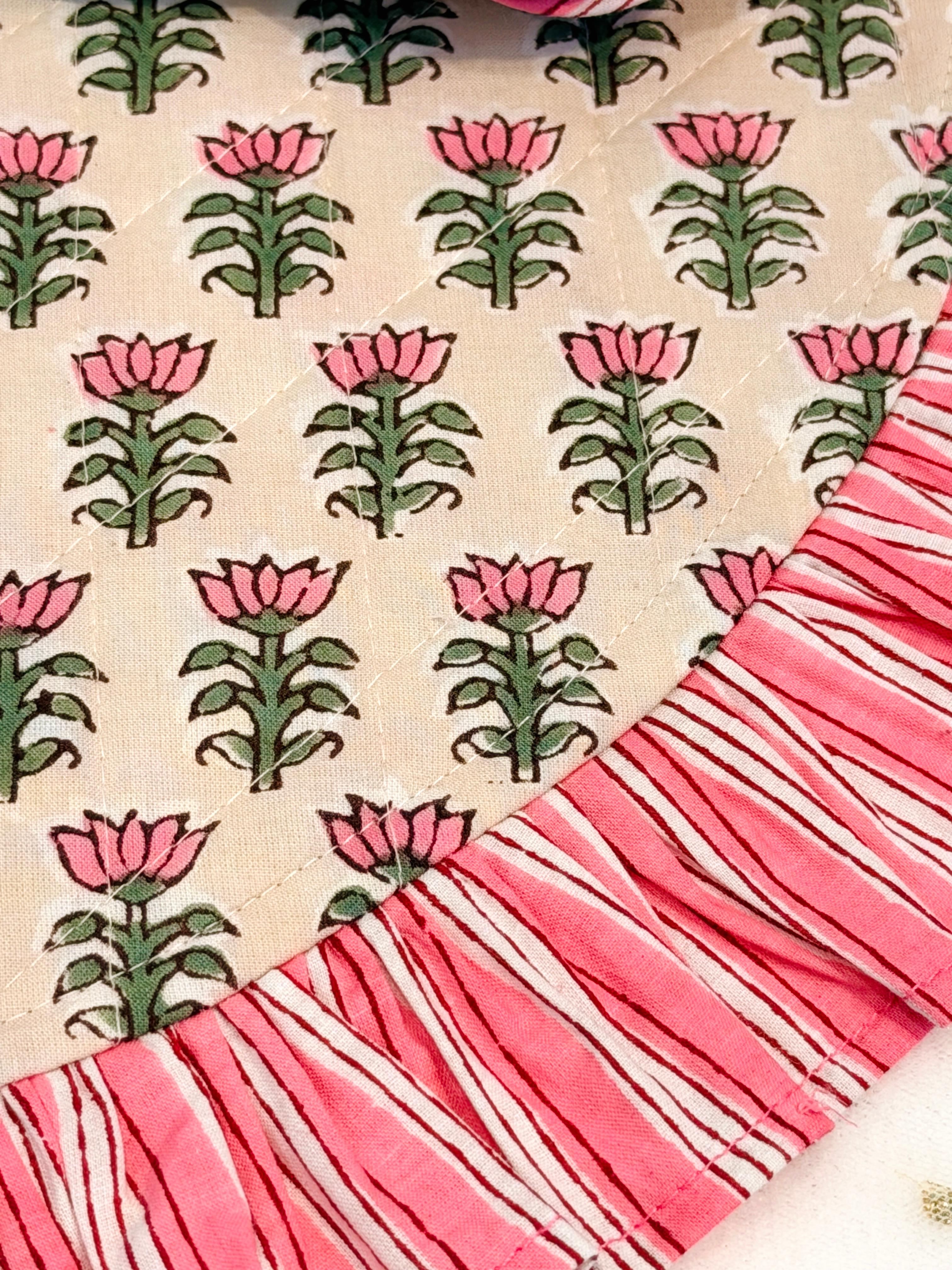 Rosette Garden Frill Block Printed Placemat & Napkin Set of 2