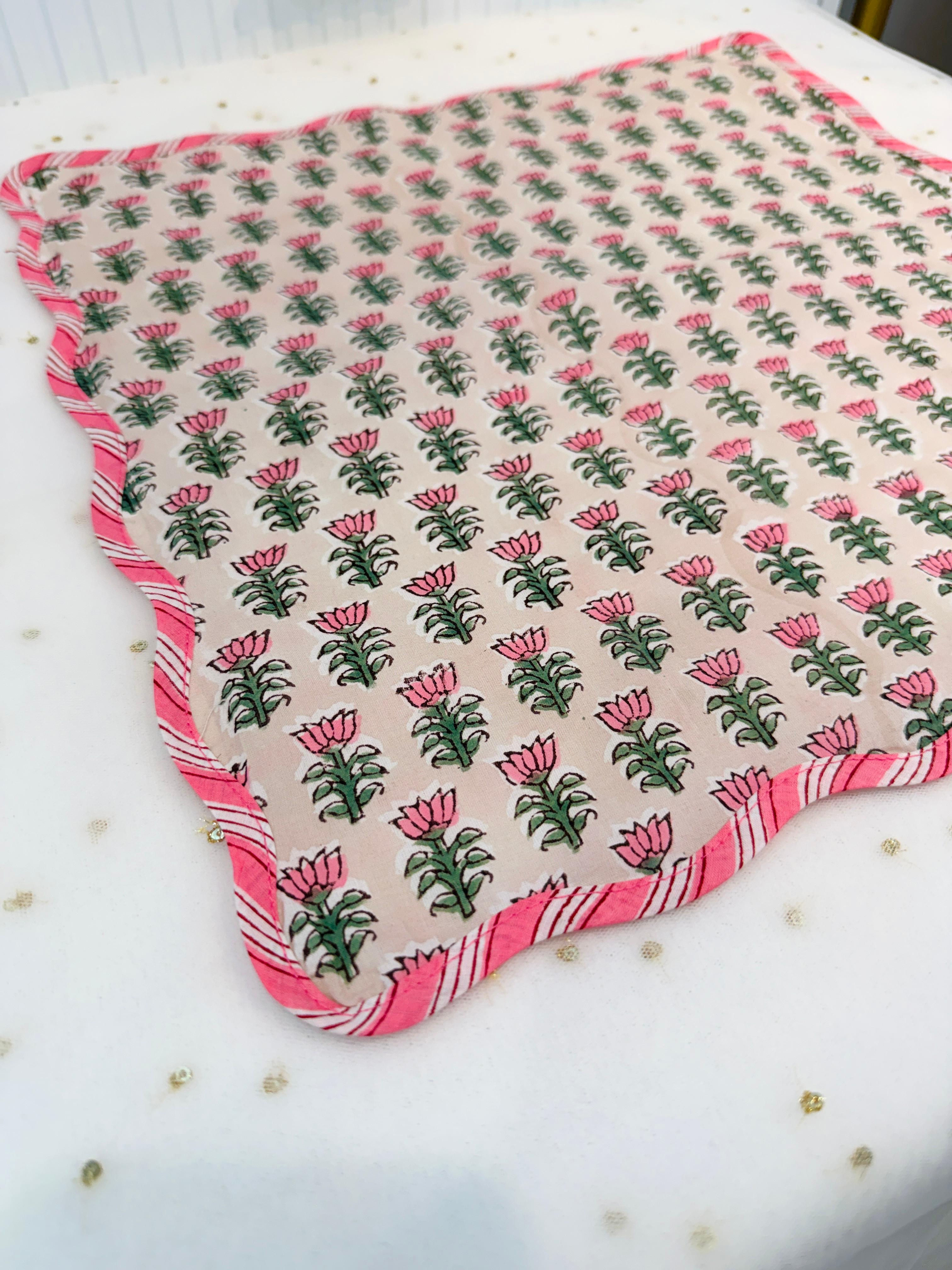 Rosette Garden Frill Block Printed Placemat & Napkin Set of 2